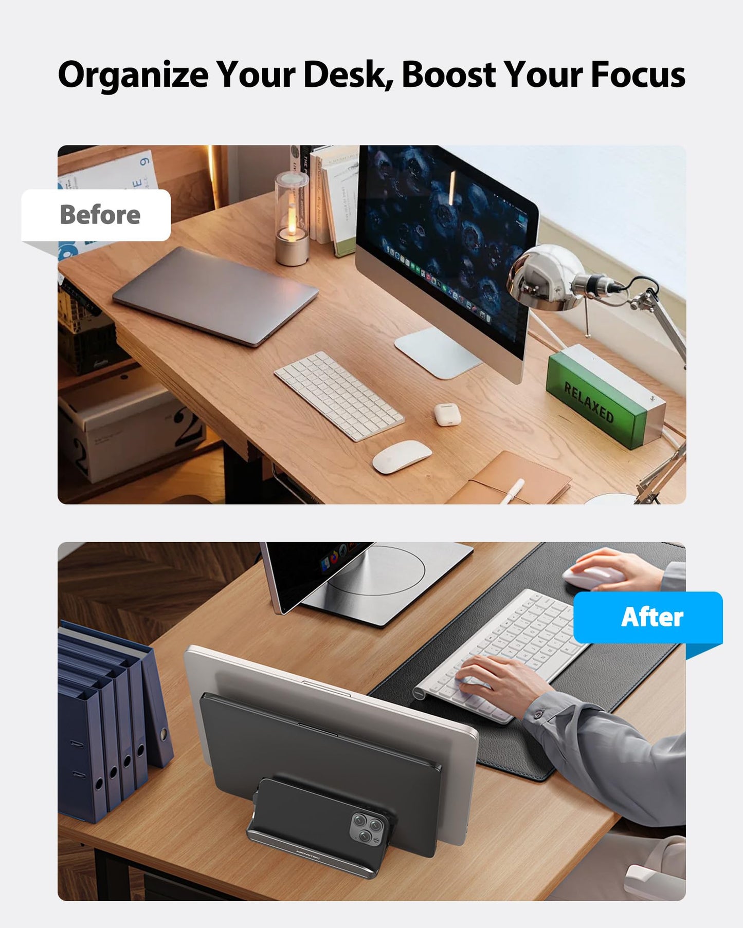 Vertical Laptop Stand - AboveTEK - 3 Slots for Computer, Tablet, Phone - Fits All Laptop Models (up to 17.3") - Heavy Duty Polished Aluminum Desktop Holder - Anti Slide Silicone Grips - Grey