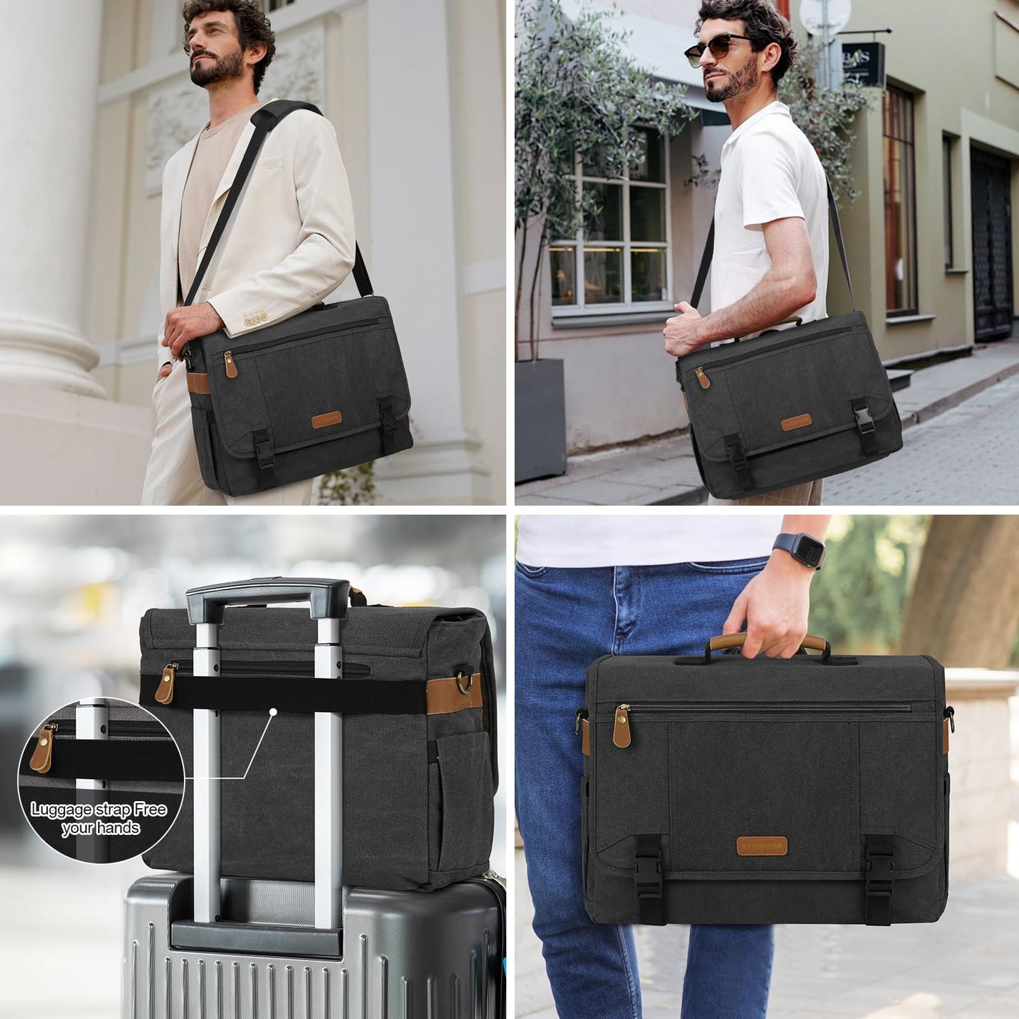 RAINSMORE Messenger Bag for Men 17-17.3 Inch Laptop Bag Canvas Briefcase Satchel Large Computer Shoulder Bag Men's Work Business Office Bag with Padded Compartment,Black