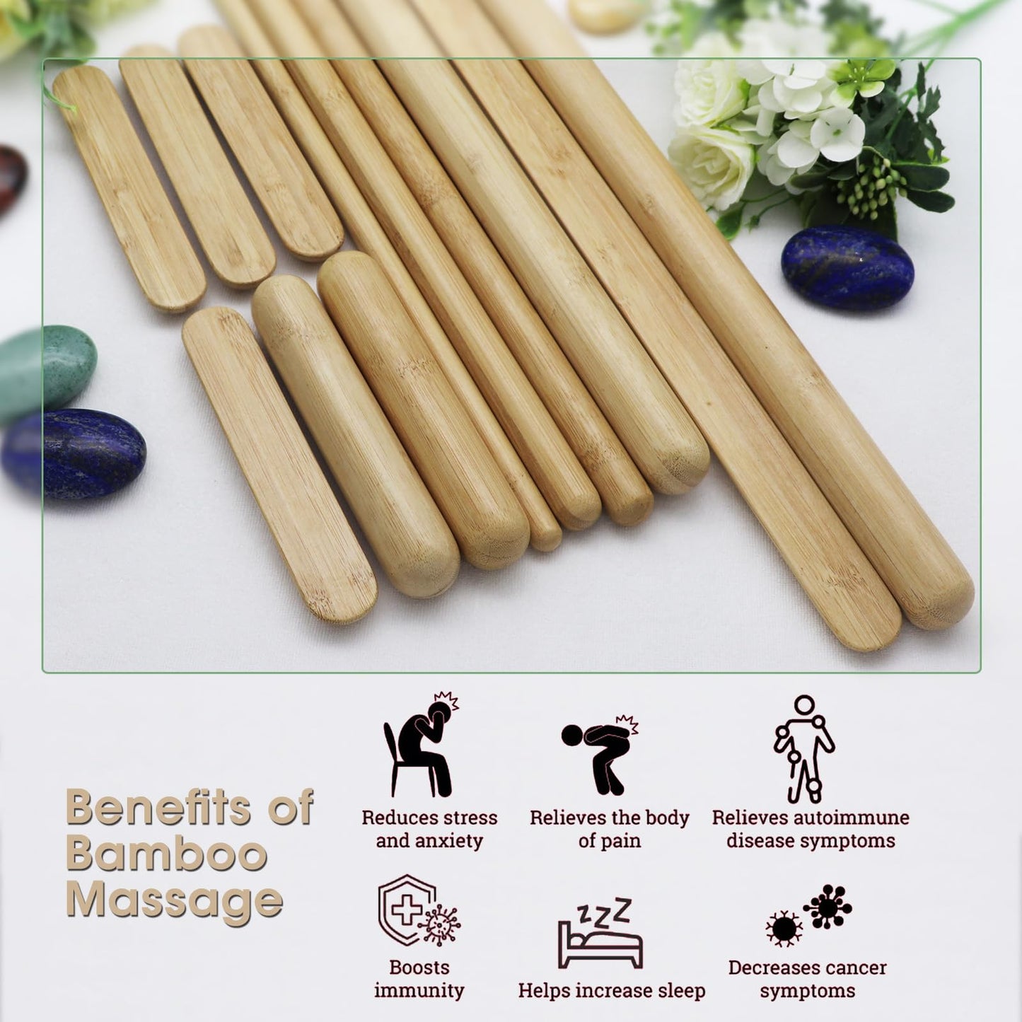 Goodtar 12 PCS Solid Bamboo Massage Stick Sets Warm Bamboo Therapy Massage Tools for Full Body Use at Home/Professional Massage Studio