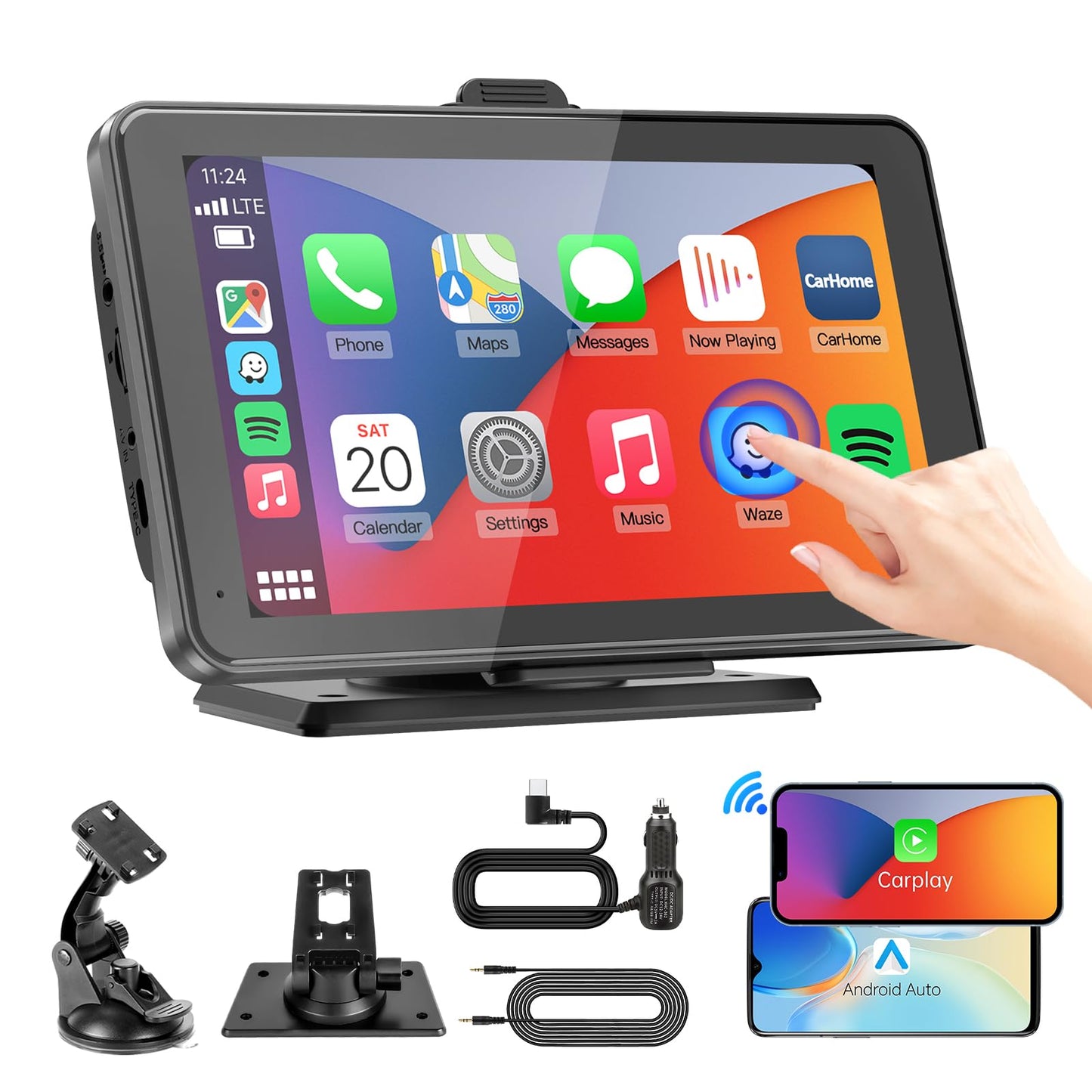 Car Play, Wireless Car Stereo for Apple Carplay, 7"HD Portable Touchscreen Android Auto Carplay Screen for Cars,Audio Receiver/Car Radio with Bluetooth,FM,AUX,Voice Control,Live Navigation,Mirror Link