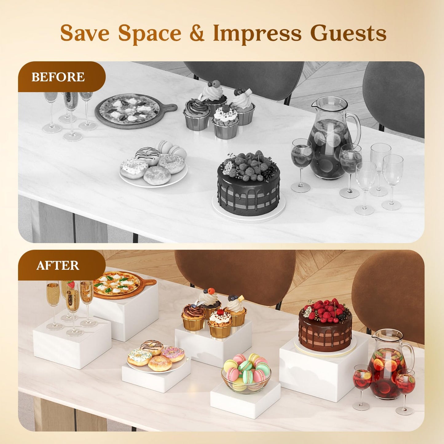 6PCS Buffet Risers,Food Display Stands,for Buffet Table,White Acrylic Cube Boxes Nesting Risers,Hollow Bottoms,for Cake Catering Dessert Party(8",7",6",5",4",4")