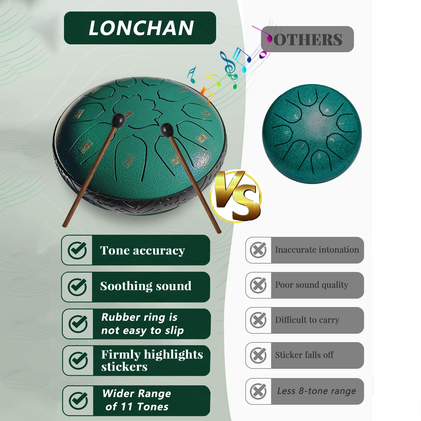 Steel Tongue Drum 11 Notes 6 Inches, Rain Drum for Outside with Bag, Music Book, Mallets, Finger Picks, Stickers – Meditation & Yoga Steel Drum