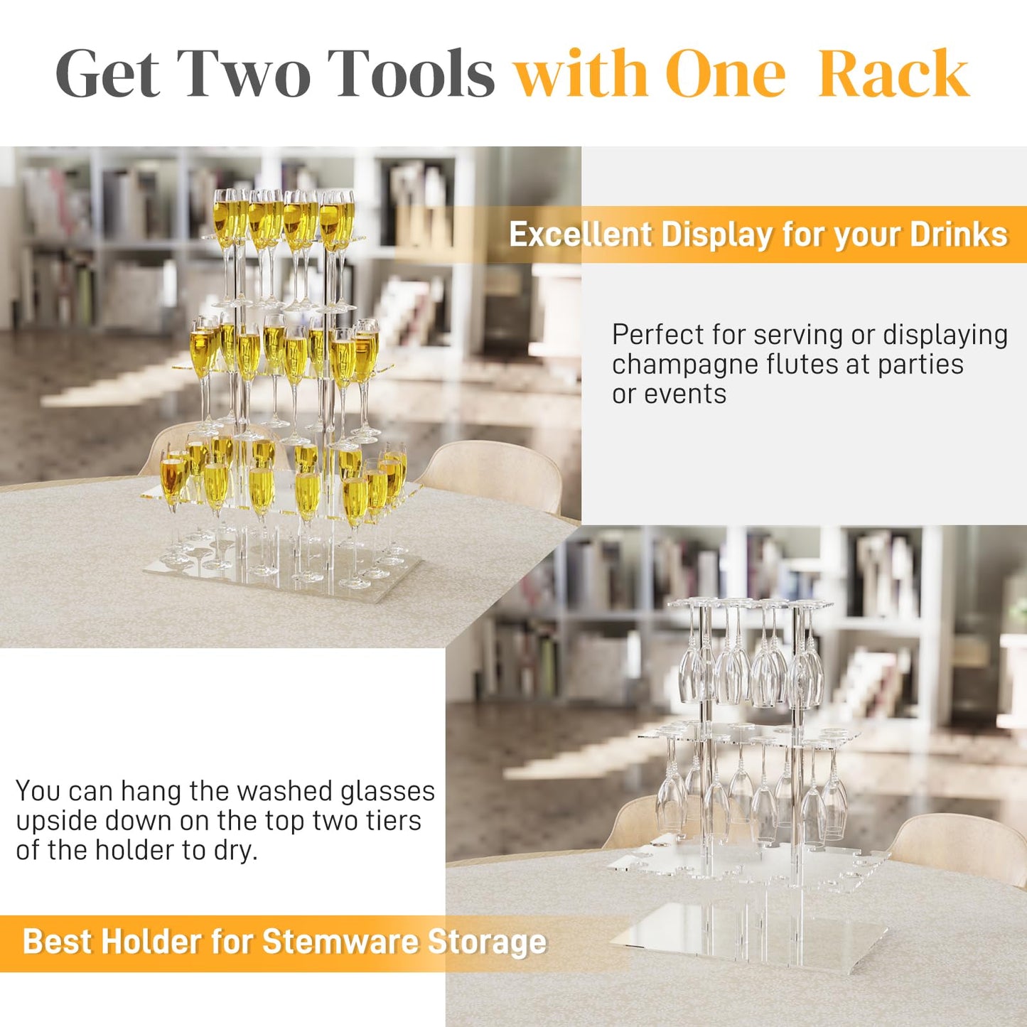 Nynelly Champagne Tower Stand for Party With 32 Slots, 3 Tier Acrylic Wine Glass Stemware Display Rack, Tabletop Champagne Flutes Display Holder with Led Strip, Cocktail Tree Stand