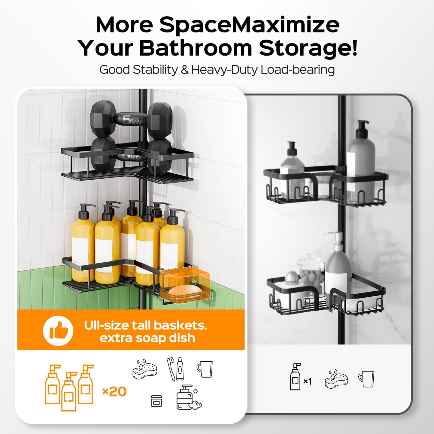 HAMITOR Corner Shower Caddy Tension Pole: Sturdy Stainless Steel Shower Organizer - 4-Tier Adjustable Large-Capacity Shower Shelf- No Drill Bathroom Organizers For Small Bathrooms - 47-121inch