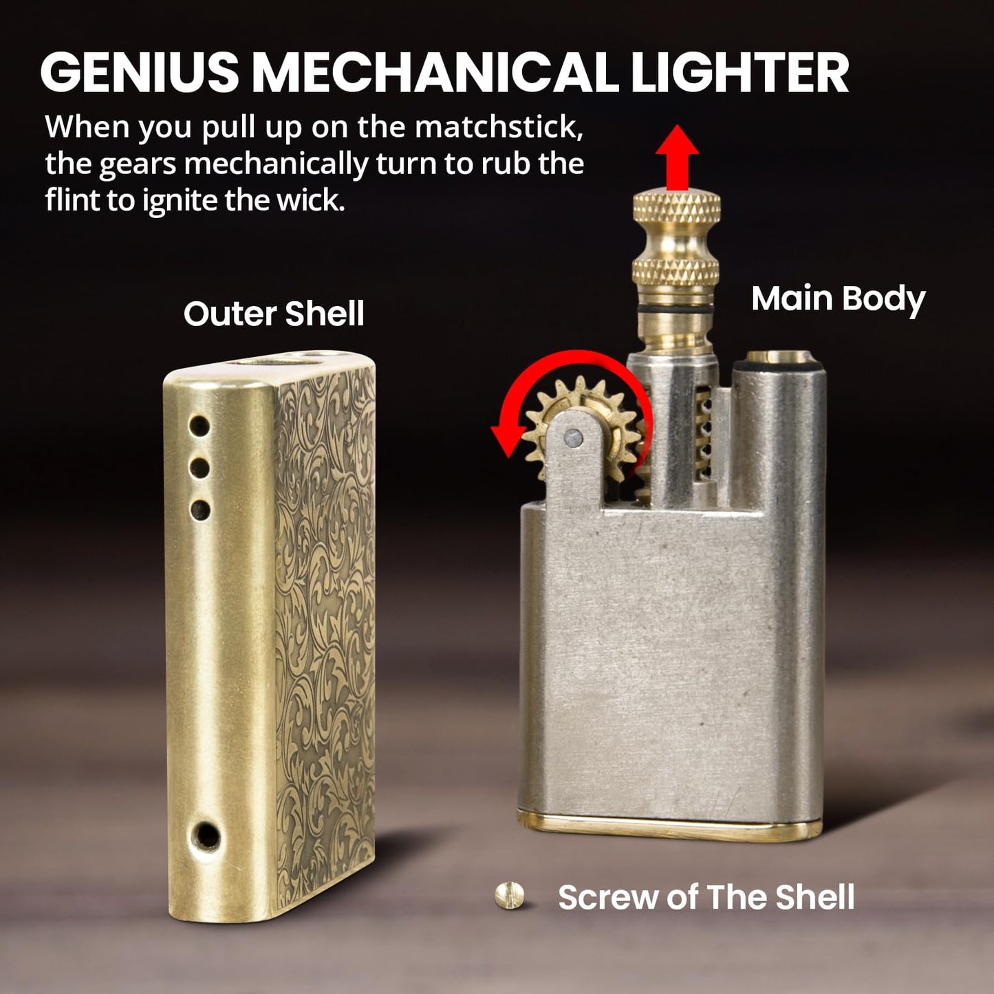 Vintage Lighter Permanent Match, Cool Lighter Fluid Refillable, Brass Trench Lighters, Creative Auto Fire Starter, EDC Reusable Infinite Matches, Unique Birthday Gift for Dad Men Fathers Day