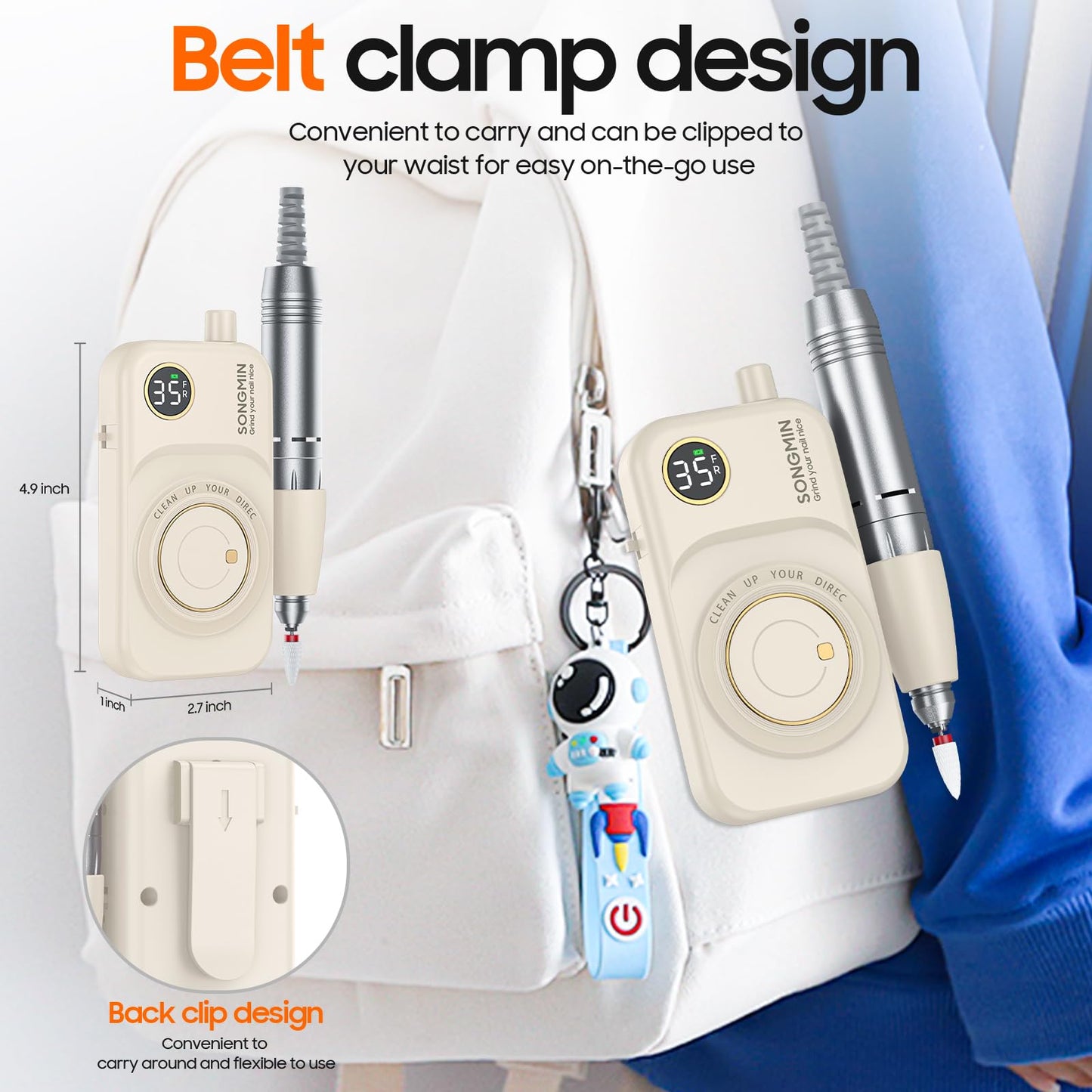 Professional Nail Drill 35000 RPM,SONGMIN Portable Cordless Efile with Bits Kit for Acrylic Nails Gel Polishing Removing,Rechargeable Electric Nail File Machine for Manicure,Pedicure Salon Home,White