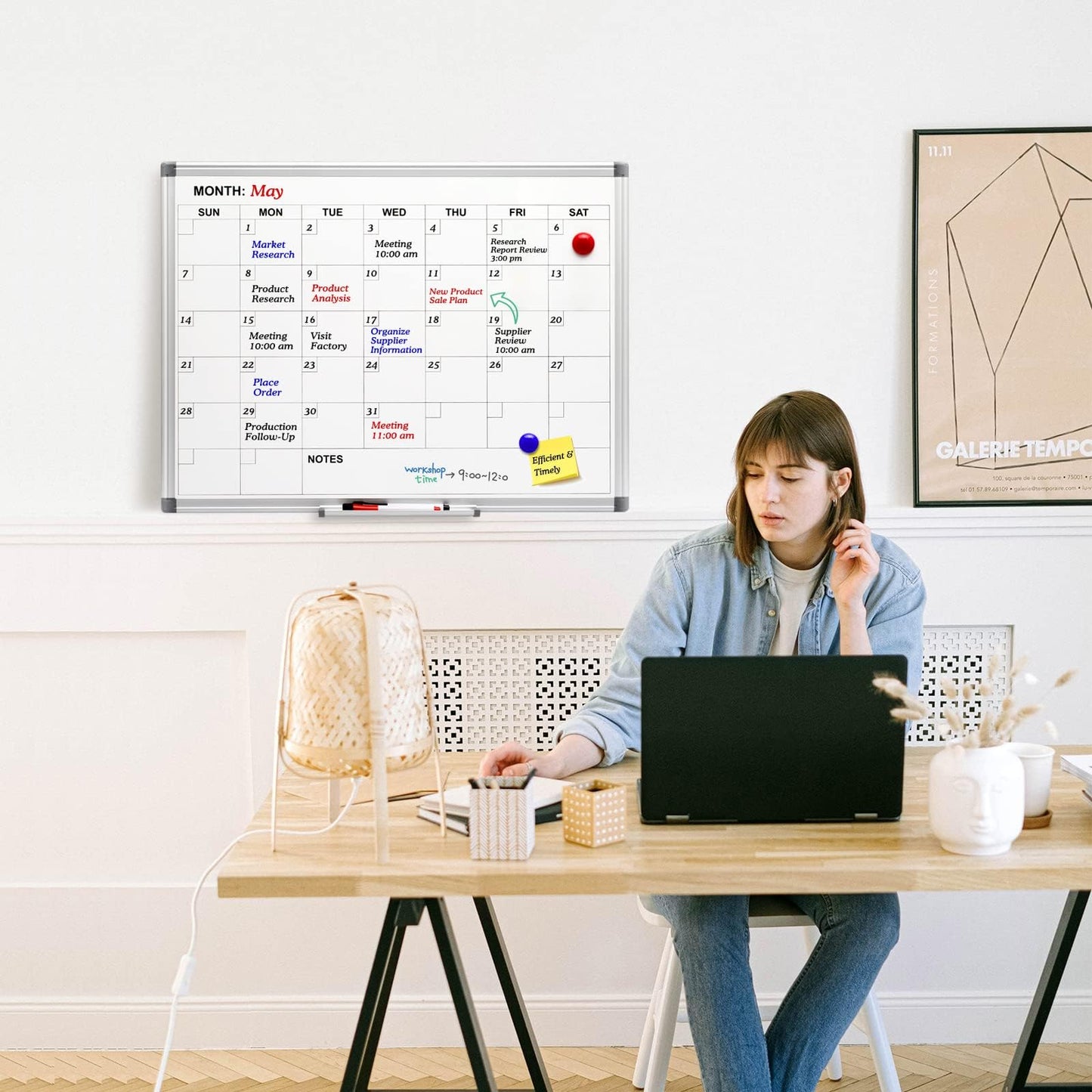 Comix Magnetic Dry Erase Calendar Whiteboard, 24 x 18 Inches Monthly Calendar Dry Erase Board for Wall, Aluminum Frame Planner White Board with Dry Erase Markers, Dry Erase Eraser, Magnets
