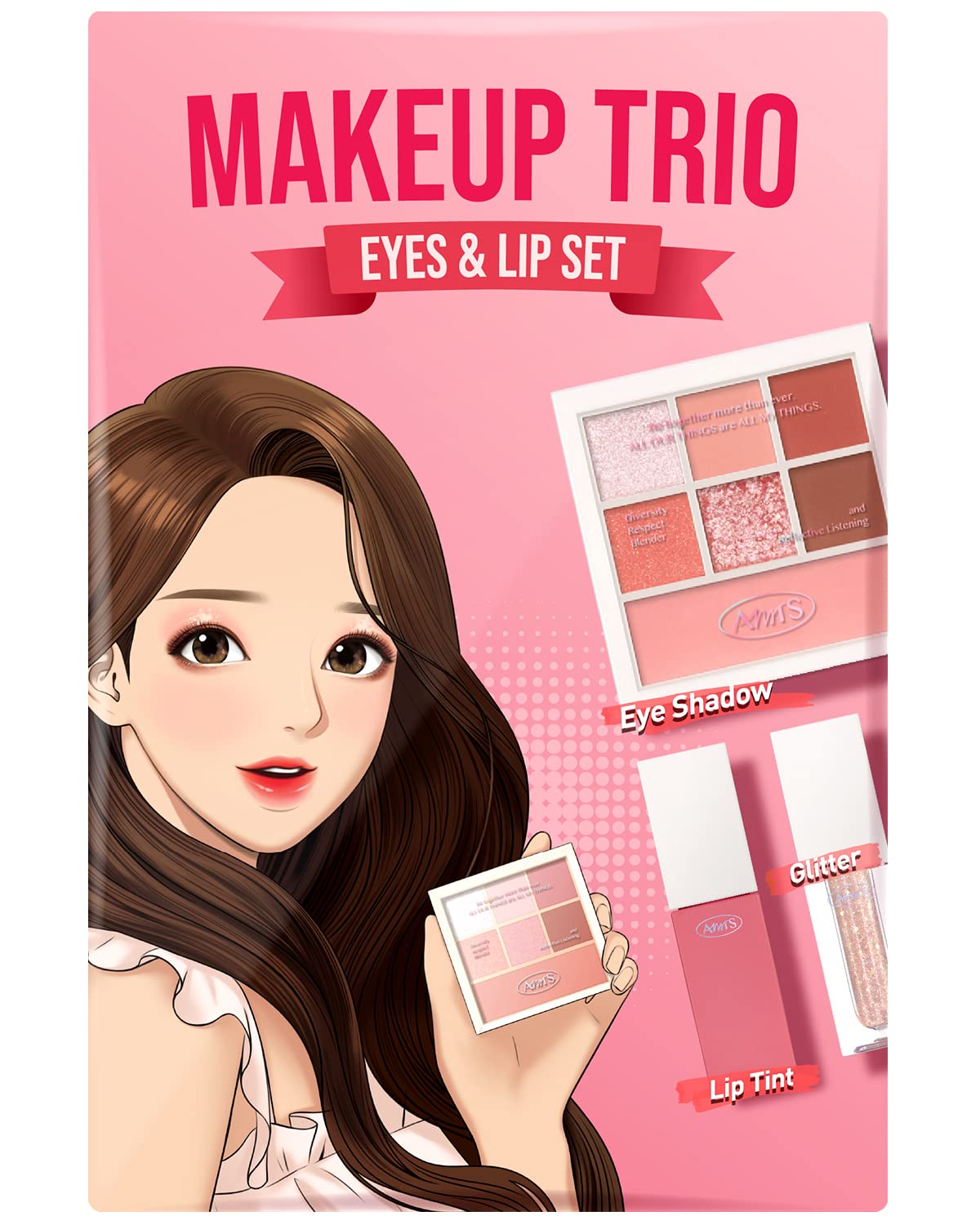 AMTS x True Beauty Makeup Edition - Some Love Makeup 3 Set (7colors Eyeshadows + Liquid Glitter + Lip stain tint) | Matte Shimmer Pearls Shades, Highly Pigmented, Long Lasting Daily Makeup, Pink Gold Set