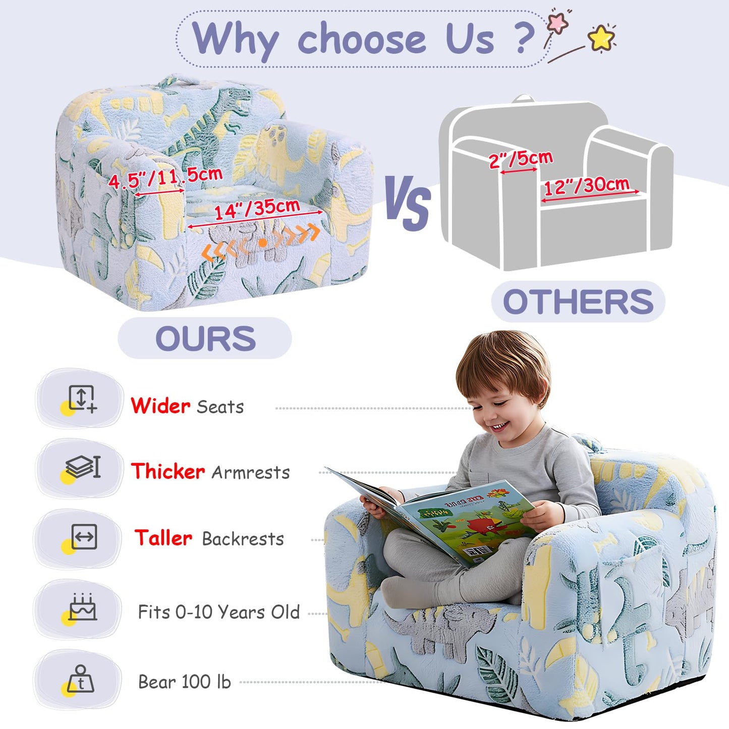 Tiita Kids Sofa, Chirldren Couch with Carrying Handle & Side Pockets, Kids Foam Chair, Toddler Armrest Chair, Kids Reading Couch for Girl Or Boy, Grey Dinosaur