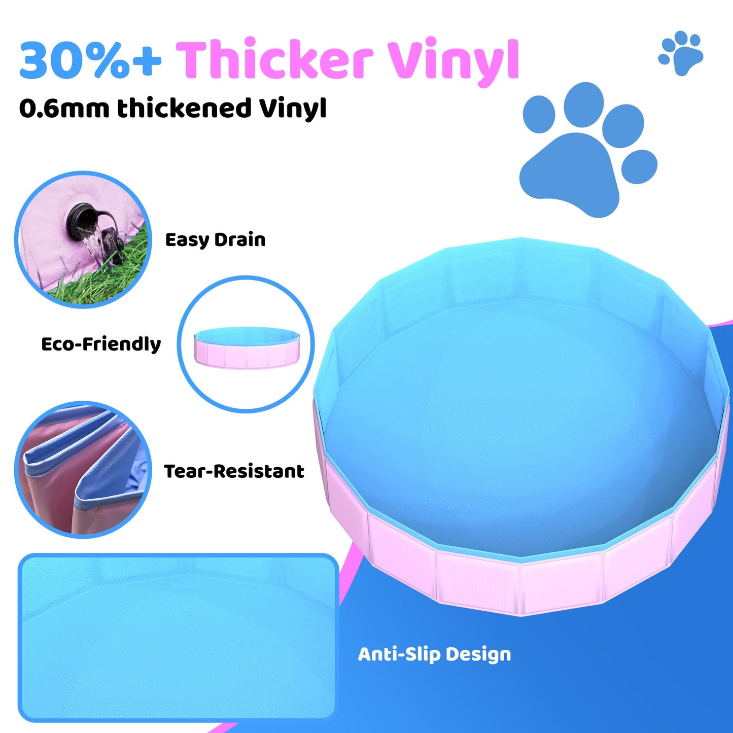 CACSPS Foldable Dog Pool, 87" x 12" Kiddie Pool with Hard Plastic, Non-Slip Dog Bath Tub for Outdoor Backyard, Collapsible Dog Swimming Pool for Kids Dogs Pets (Pink)
