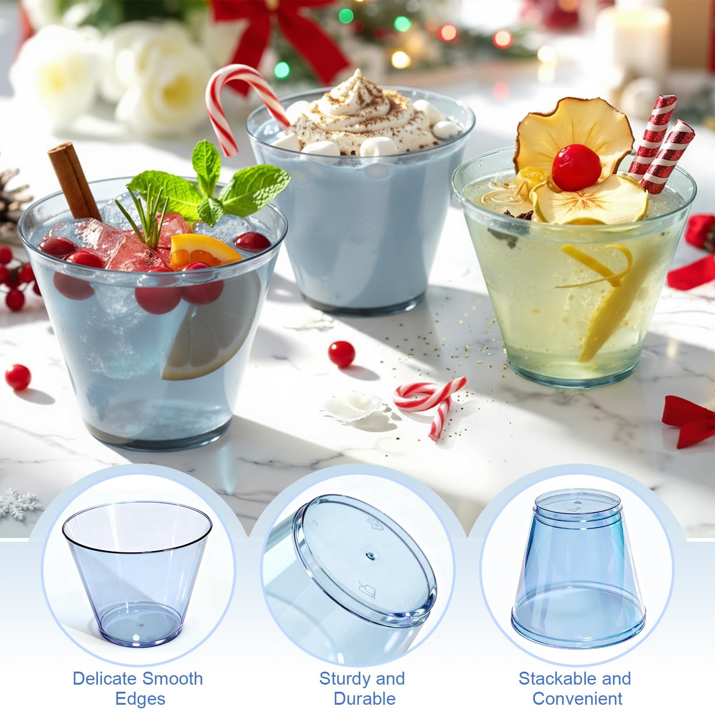 Glowserve 9 oz Clear Plastic Disposable Cups 150 PCS Blue Drinking Glasses for Cold Water Sturdy Plastic Tumblers for Cocktails Cups Bulk for Wedding Thanksgiving Christmas Party
