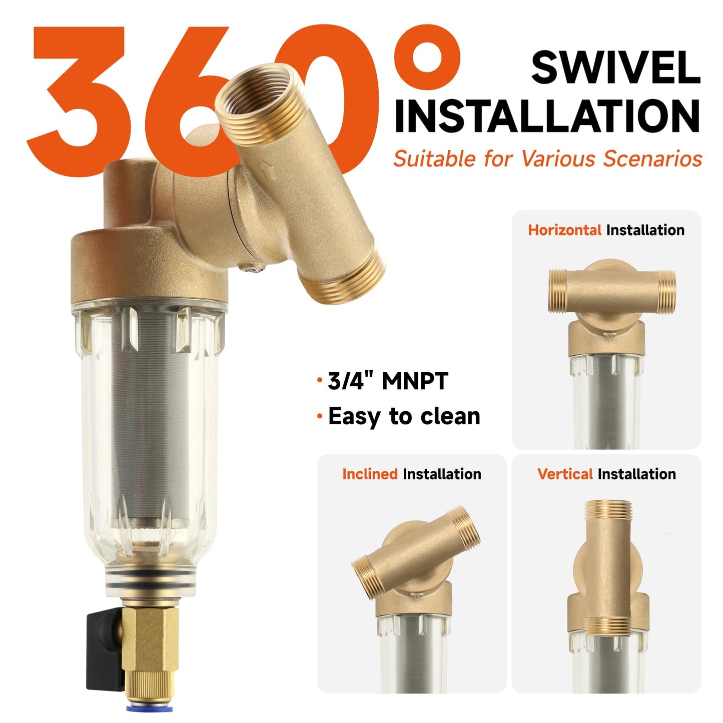 Roastove 360° Mountable Spin Down Sediment Water Filter, Pre-Filter for Whole House, Contains Two 3/4" Push-to-Connect Fittings, Rated at 50 Micron,with an Extra 100 Micron Filter Element