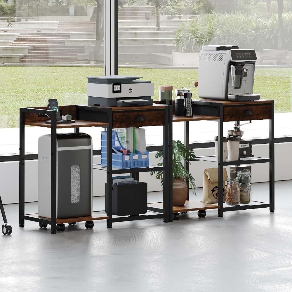Furist Printer Stand with Storage, Mobile Printer Table with Charging Station and USB Port for Home Office, Desktop Shredder Shelf with Wheels, Rolling Cart with Drawers, Computer Tower Stand