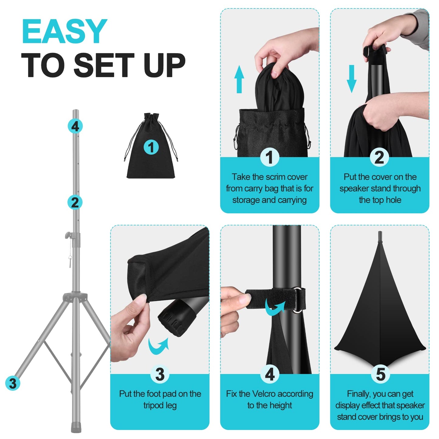 OUKMIC DJ Speaker Stand Cover Black, 360 Degree Tripod Skirt with Storage Bag for Stage Gig, Wedding and Banquet Event - 2 Pack