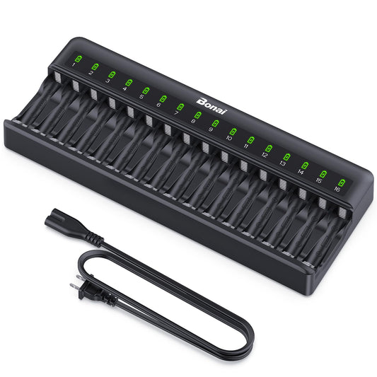 BONAI 16 Slot Battery Charger for AA AAA NiMH NiCD Rechargeable Batteries Independent Control with LED Light and Standard AC Charging Plug, Battery not Included - Black