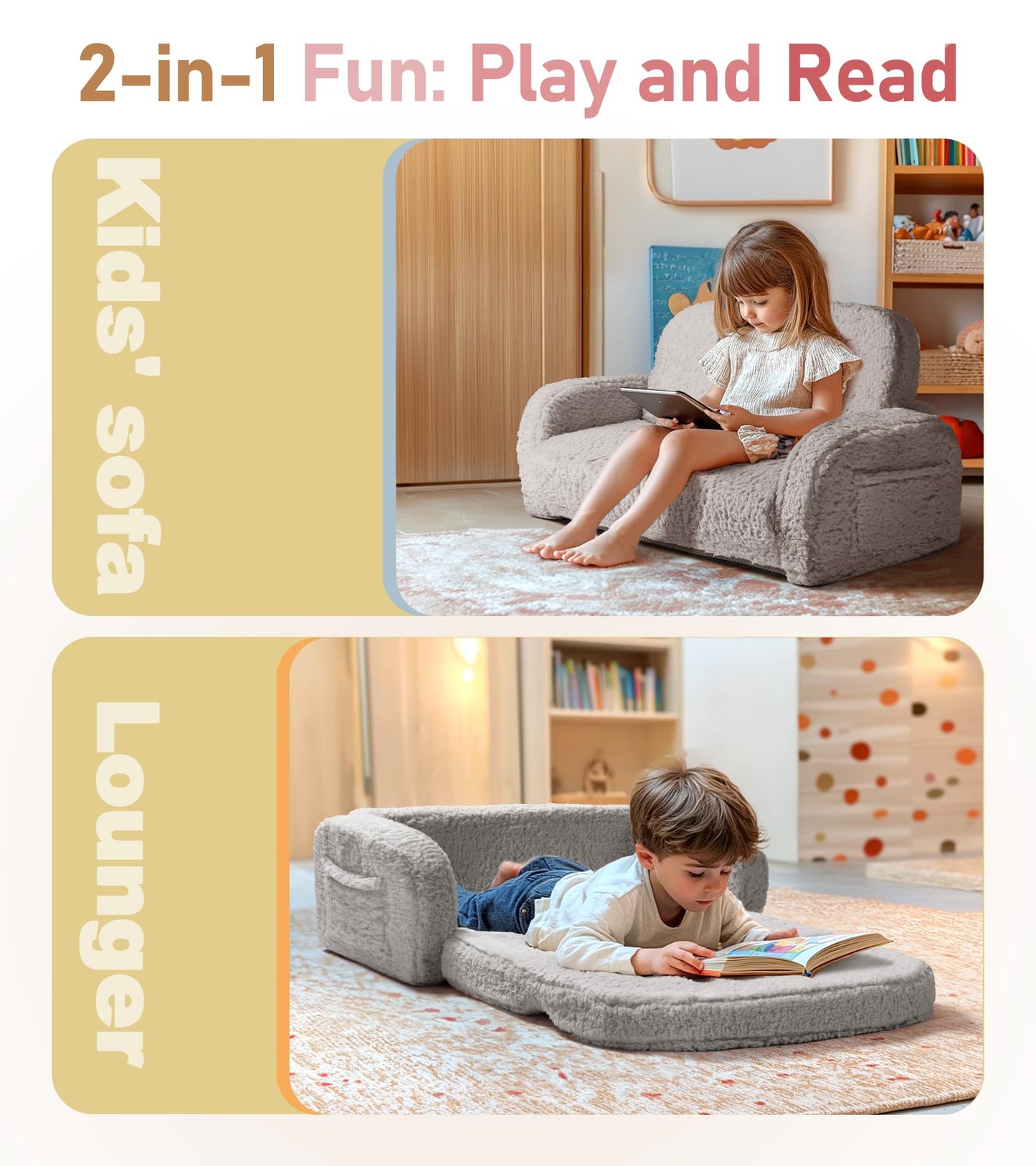 2-in-1 Sherpa Fold Out Kids Couch, Extra Wide Toddler Couch, Flip-Out Foam Couch with Soft Sherpa Cover, Modern Foldable Kids Furniture for Boys & Girls 3+, Gray