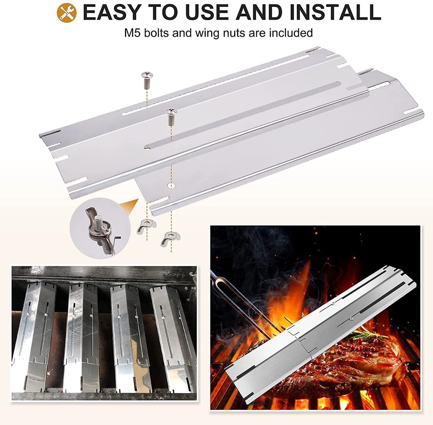 Hiorucet Heavy Duty Adjustable BBQ Heat Shields, Heat Plates, Stainless Steel Grill Burner Covers, Heat Tents, Flame Tamers, Flavorizer Bars for Gas Grill, Extends from 11.75" up to 21" L, 5 Pack