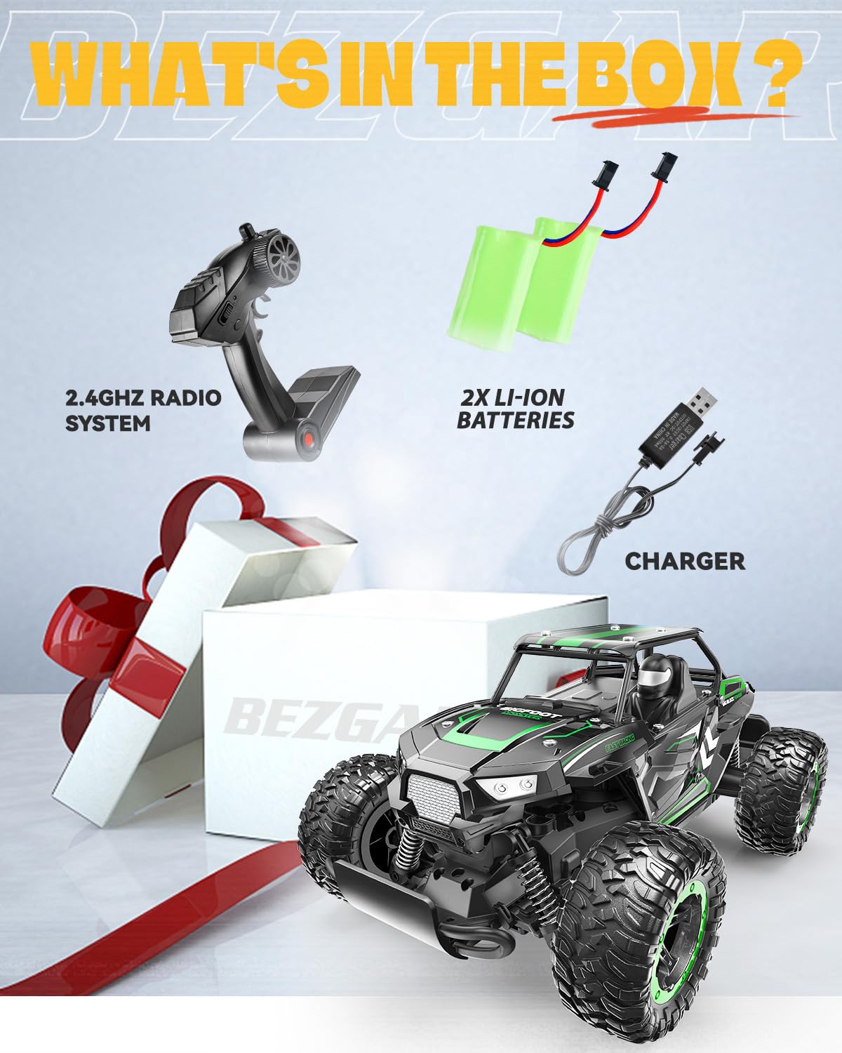 BEZGAR TB142 Remote Control Car - 1:14 Scale RC Cars, 20 Km/h 2WD All-Terrains Electric Off-Road Vehicle Truck Crawler Toy with Two Rechargeable Batteries for Boys Kids and Adults