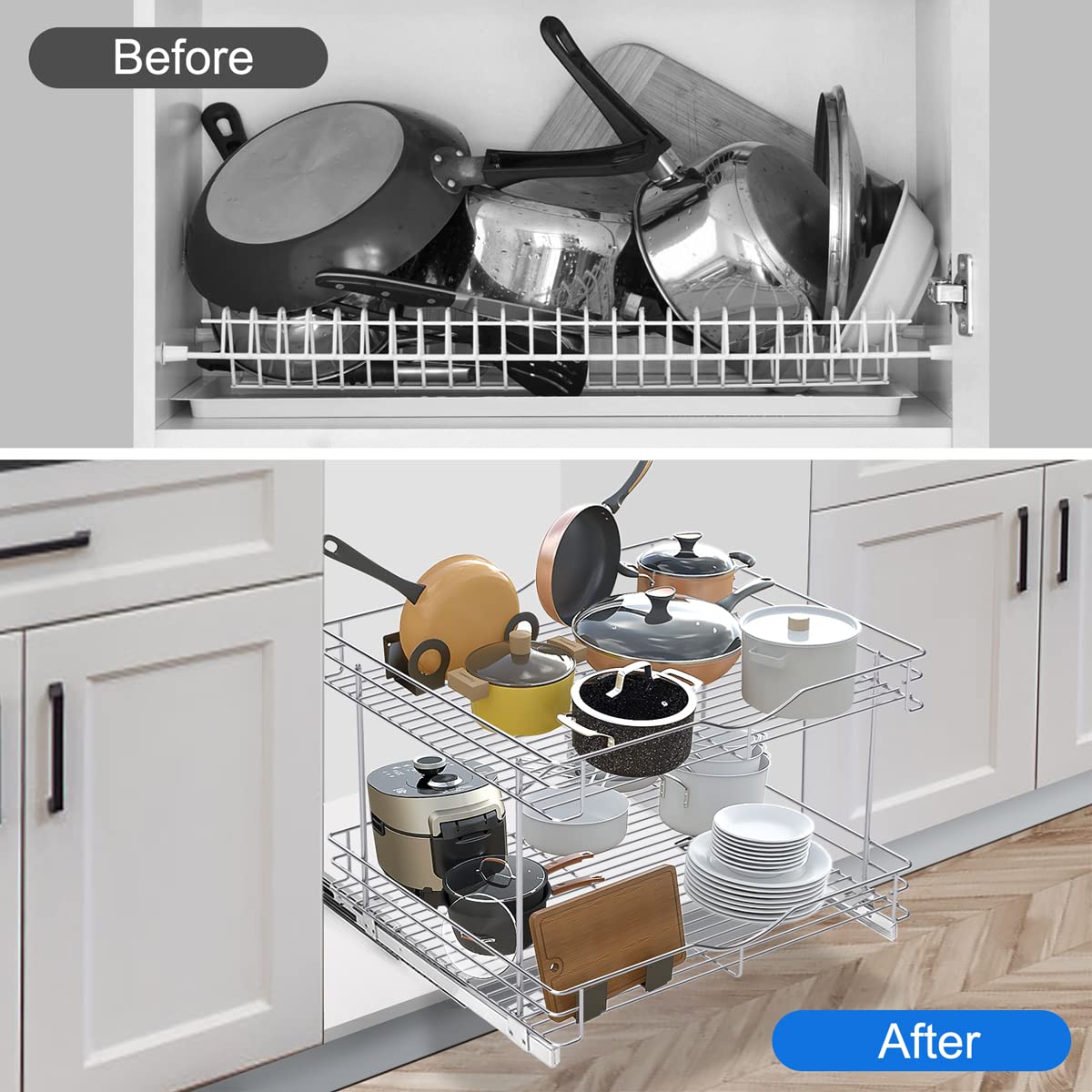 Fulgente 20"*18'' Chrome Finish Pull Out Cabinet Organizer - 2 Tier Heavy Duty Slide Out Kitchen Pantry Shelves, Rustproof Under Sink Storage Drawer for Kitchen & Bathroom