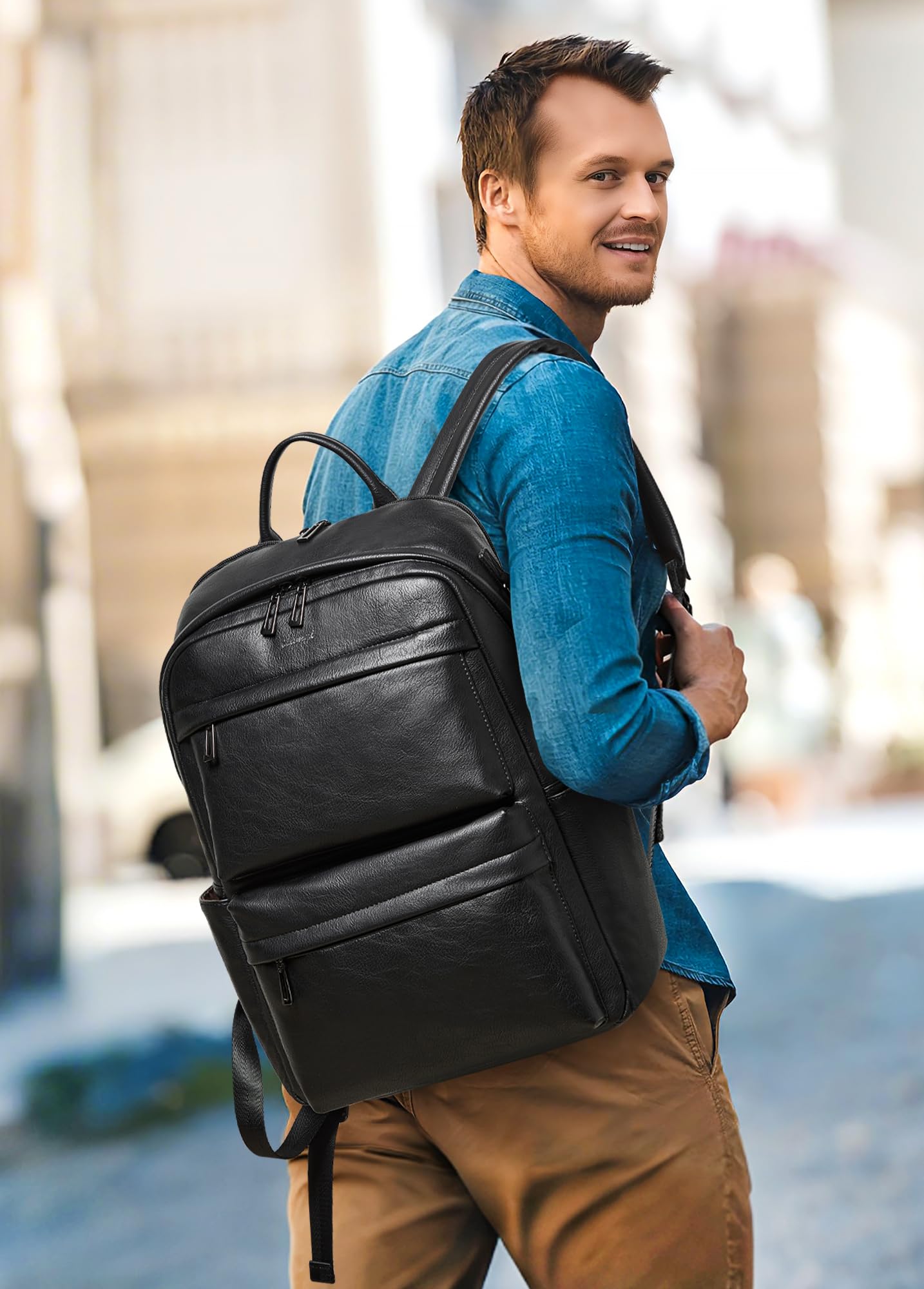 TIAMYI Vegan Leather Backpack for Women Travel Back pack with 15.6 inch Laptop Compartment, Vintage Ladies Computer Backpack, Black