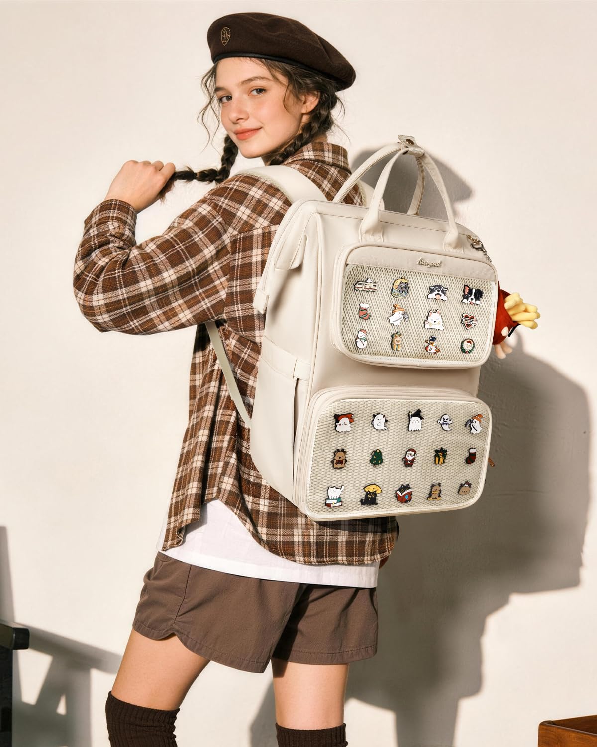 Arcoyard Ita Bag Pin Display Backpack with Insert, Ita Backpack with Lunch Box for Anime Cosplay Concert, 15.6 Inch Lunch Backpack with laptop compartment, Beige
