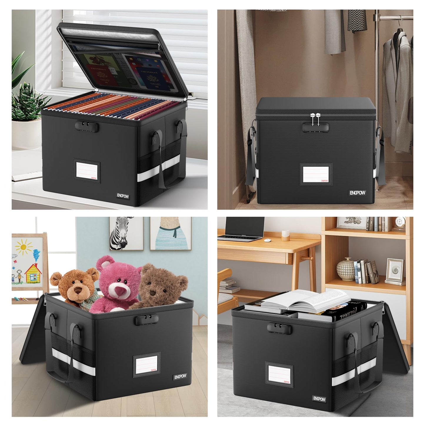 ENGPOW 5200°F Fireproof Document Box with Lock, Heat Insulated Collapsible File Storage Organizer with Handle, Portable Home Office File Cabinet for Hanging Letter/Legal Size Folder, Black