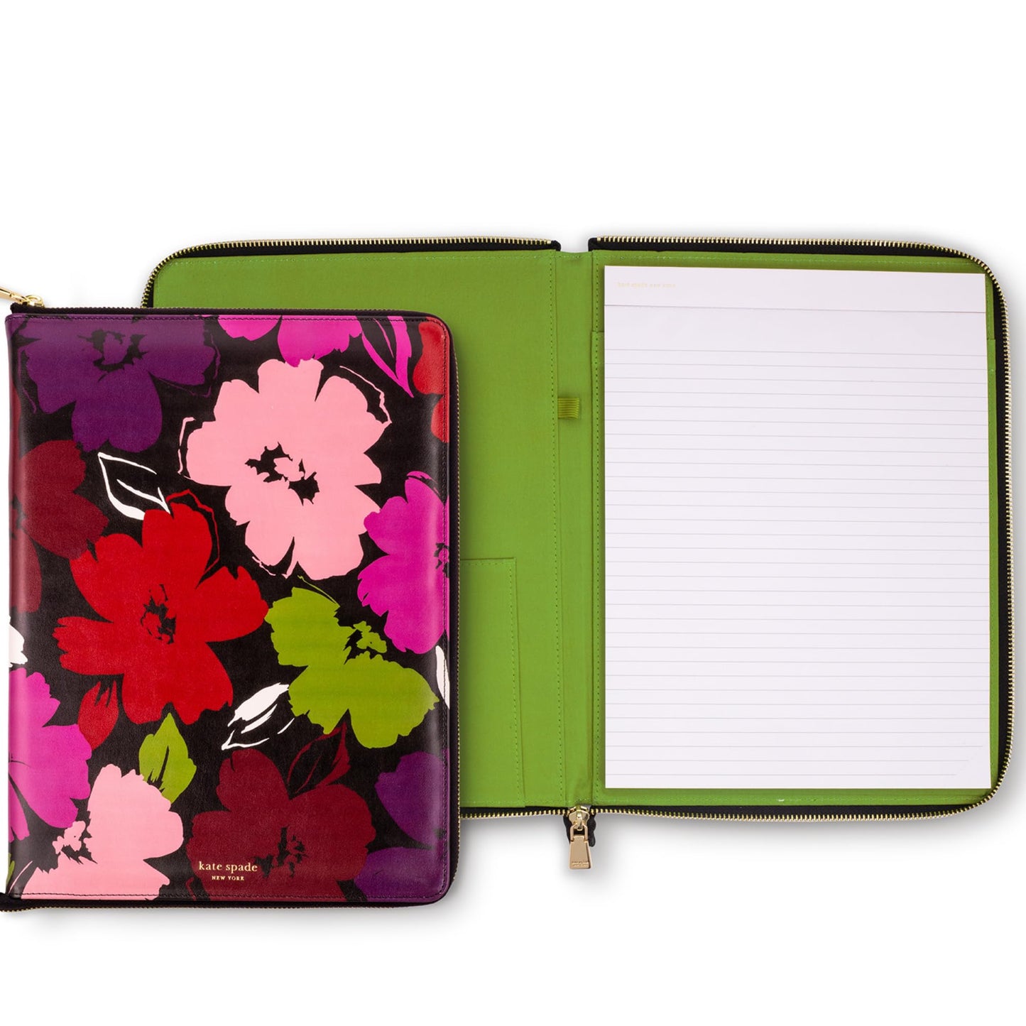 Kate Spade New York 13.25" x 9.5" Faux Leather Notepad Zip Folio with Interior Pocket, Legal Pad, Gold Zipper Close, and Pen Loop, Painterly Blooms