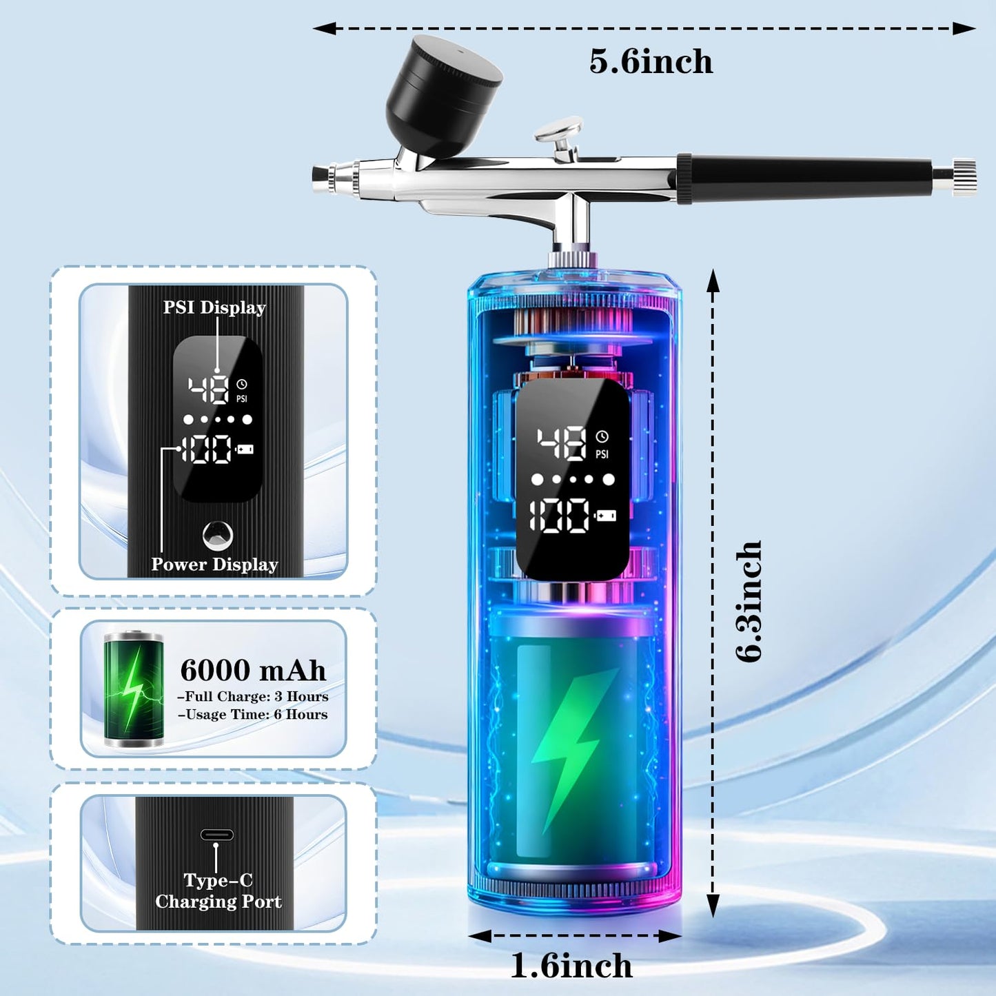 Airbrush Kit with Compressor, 48PSI High Pressure Portable Airbrush, 0.3mm Nozzle Airbrush Gun, 6000 mAh Airbrush Compressor, Airbrush Sets for Nail Art, Painting, Cake Decor, Makeup, Modeling