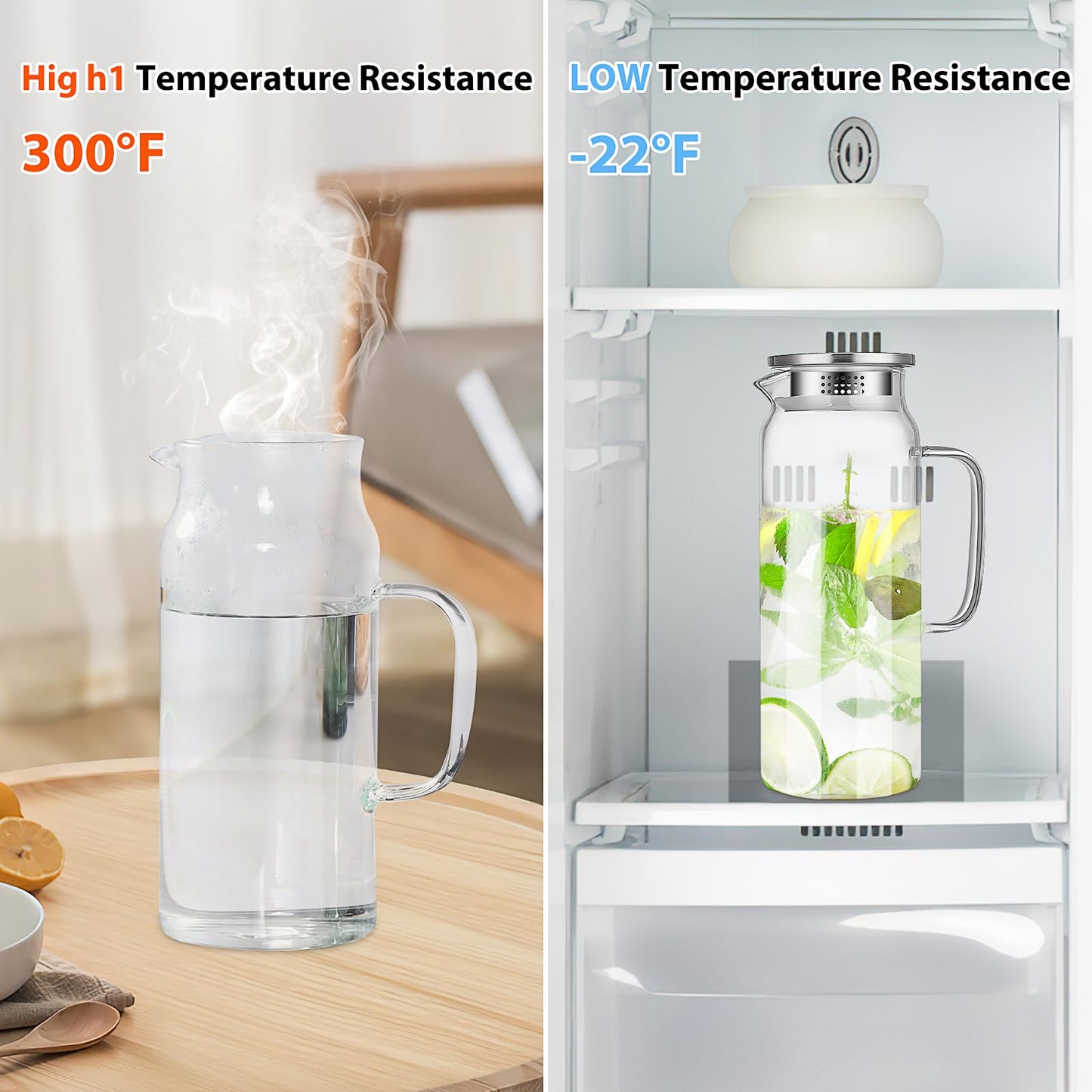 2 Pack Glass Water Pitcher, 2 L Glass Pitcher with Lid and Handle, Clear Iced Tea Pitcher Glass Milk Pitcher Heat Resistant Water Jug Juice Pitcher for Fridge Beverage Carafe