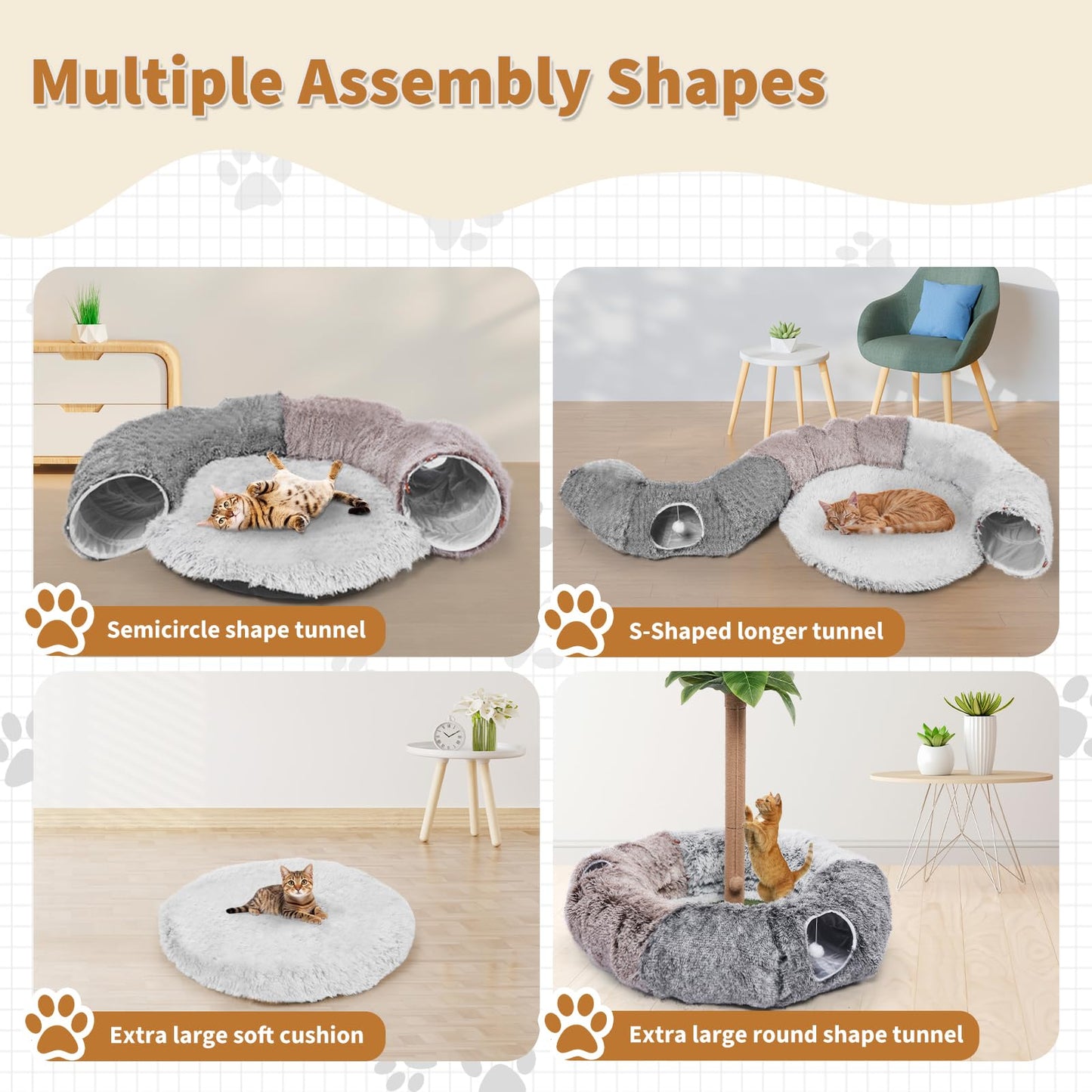 Odoland Extra Large Cat Tunnels for Indoor Cats, Fluffy Cat Bed and Collapsible Donut Cat Tube with 20pcs Cat Toys for Chewing Playing