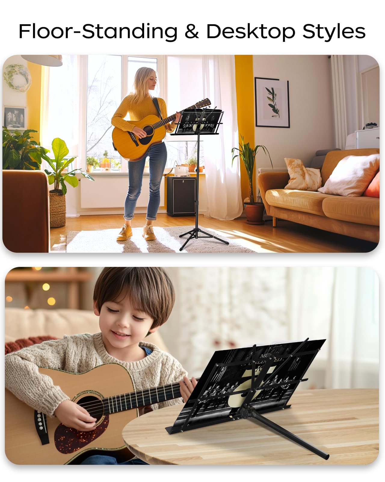 Music Stand, Kasonic 2 in 1 Dual-Use Folding Sheet Music Stand & Desktop Book Stand, Portable and Lightweight with Music Sheet Clip Holder & Carrying Bag Suitable for Instrumental Performance (Black 2Pack)