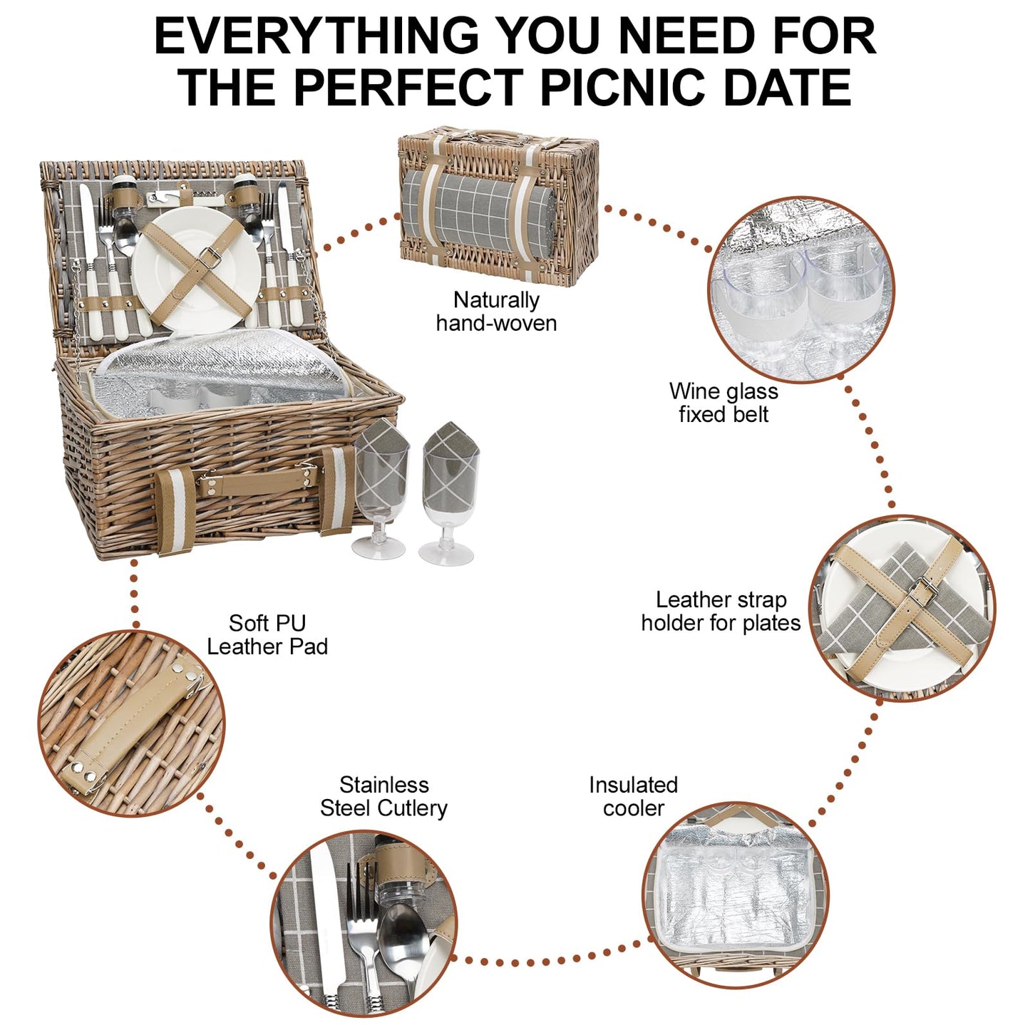 Wicker Picnic Basket for 2 - Willow Basket with Waterproof Picnic Blanket | Willow Picnic Set with Insulated Cooler | Wicker Hamper with Cutlery Kit | Gift Basket for Christmas, Thanks Giving, Grey