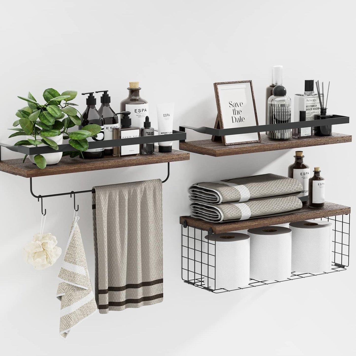 Rustic Bathroom Shelf Over Toilet - Stylish Bathroom Shelves Storage Organizer with Towel Bar - Floating Shelves Wall Mounted