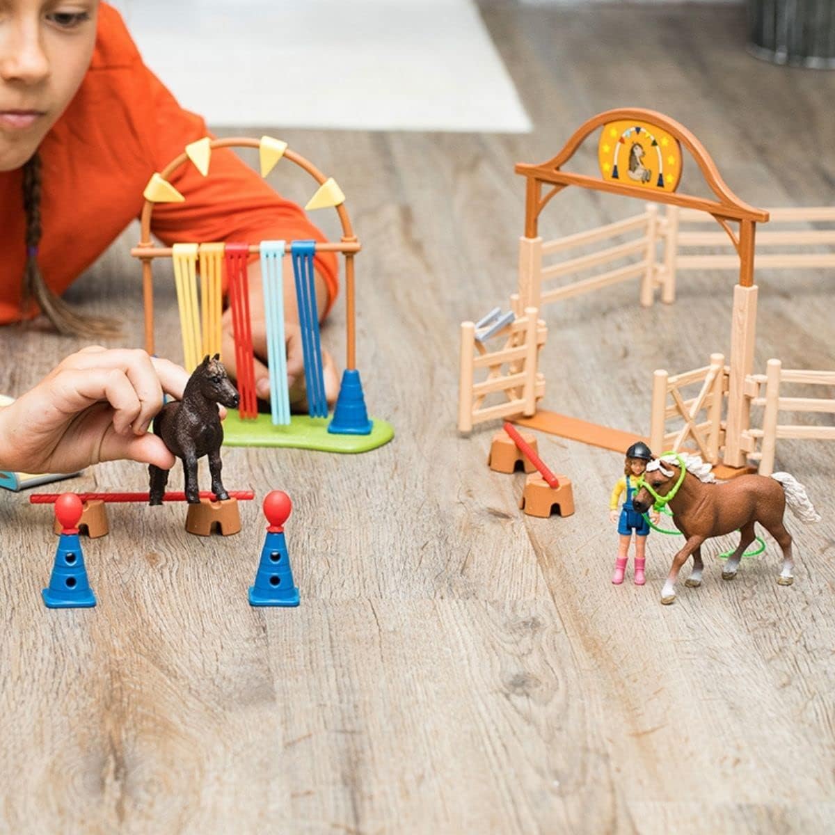 Schleich Farm World - 48PC Pony Agility Training Set with 2 Horse Figurines, Poseable Figure and Accessories - Horse Toys for Girls, Boys - Educational Animal Toys for Kids, Toddlers Ages 3+ | 42481