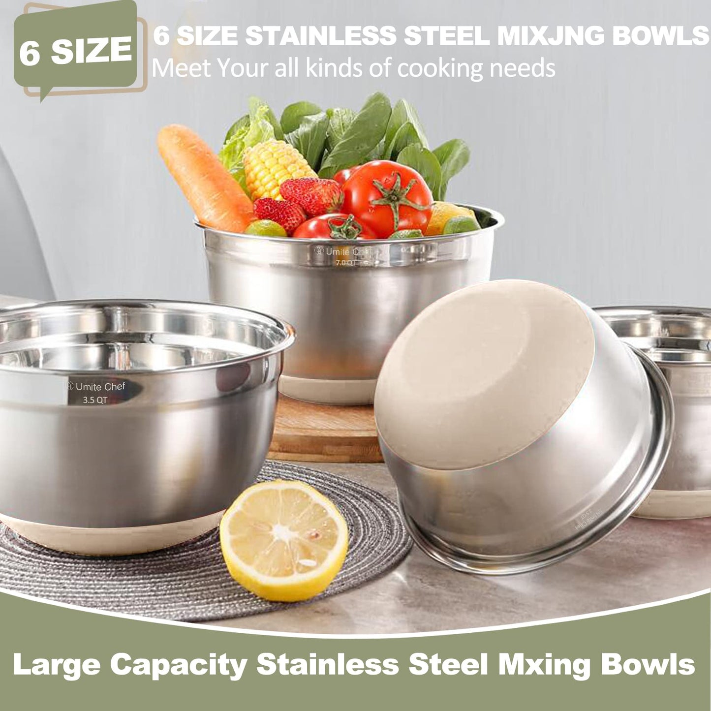 Umite Chef Mixing Bowls with Airtight Lids 6 Piece Stainless Steel Metal Nesting Storage Bowls, Non-Slip Bottoms Size 7, 3.5, 2.5, 2.0,1.5, 1QT, Great for Mixing & Serving (Khaki}