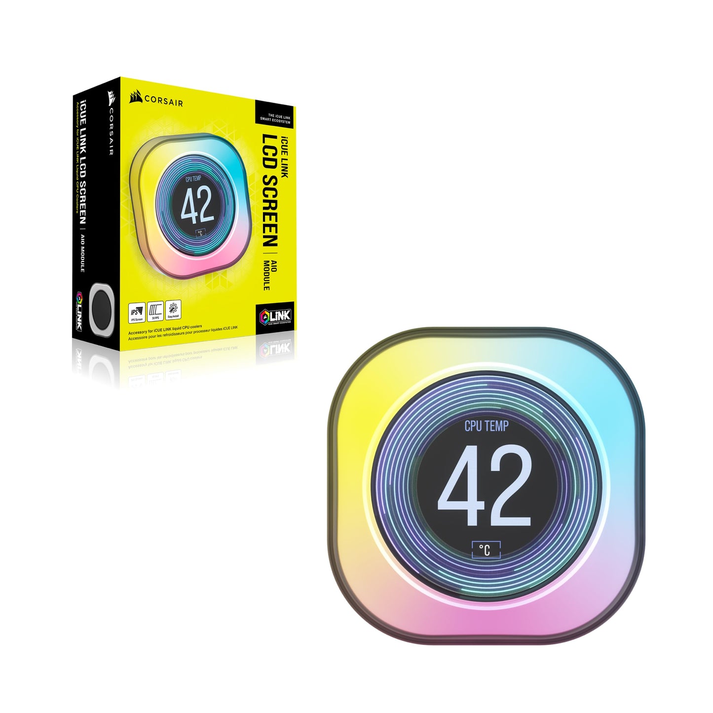 CORSAIR iCUE Link AIO LCD Screen Module - 2.1” IPS LCD Screen - 24 Individually Addressable RGB LEDs - Tool-Free Installation - White