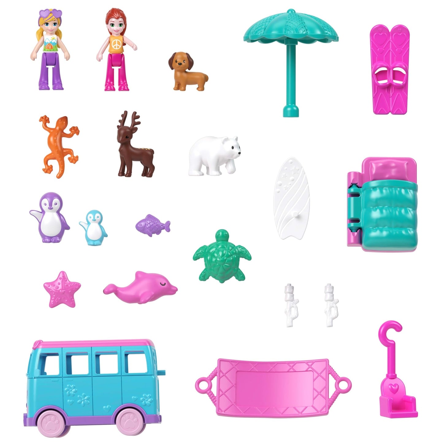 Polly Pocket Micro Dolls and Transforming Camper Van Vehicle, Accessories Include Pets and Toy Car, Pet Mobile Adventure Playset