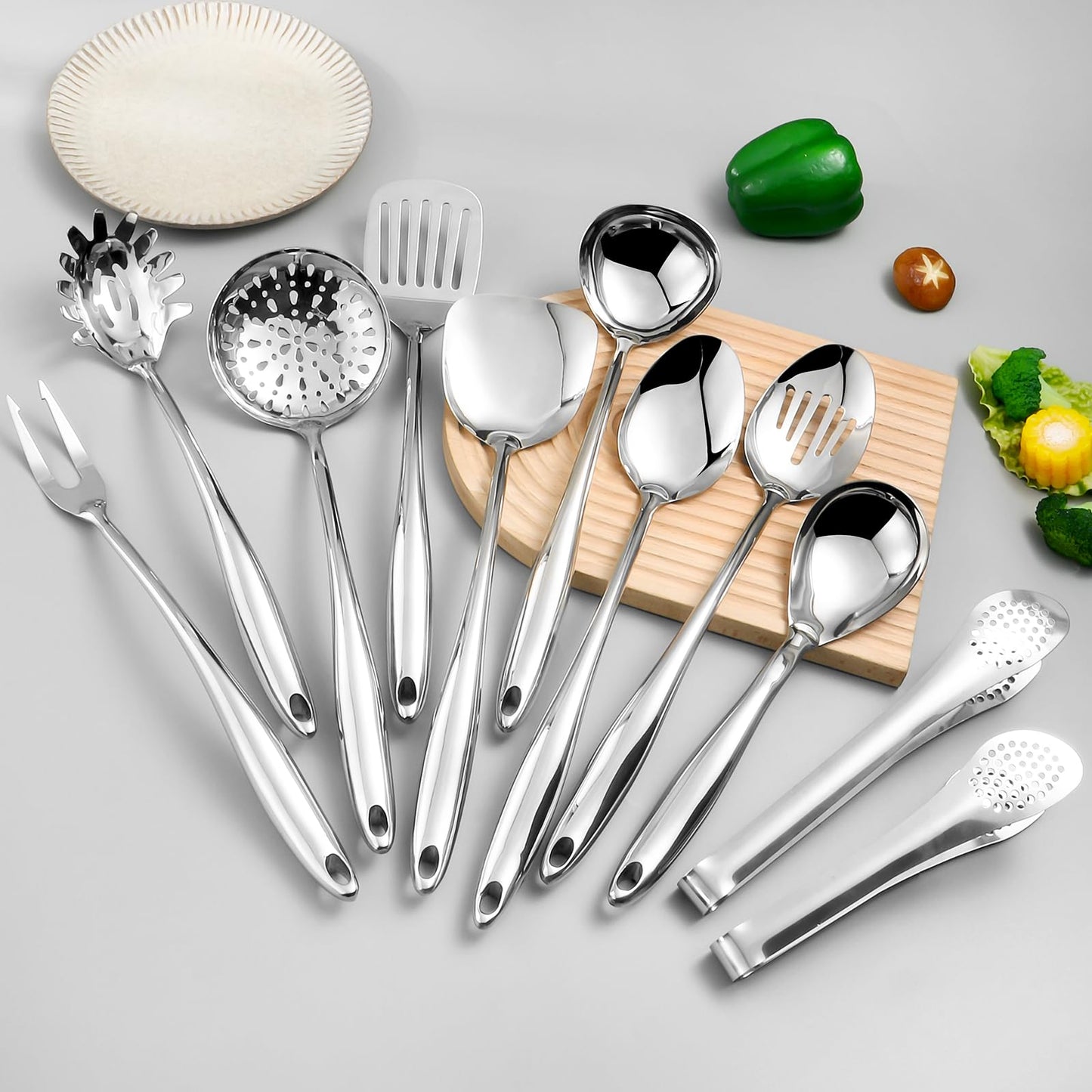 304 Stainless Steel Kitchen Utensils Set, 11 Pcs Long Metal Cooking Utensil Gadgets Tools Set with Spatula, Spoon, Ladle, Skimmer, Turner, Pasta Server, Tongs(Mirror Polished, Dishwasher Safe)
