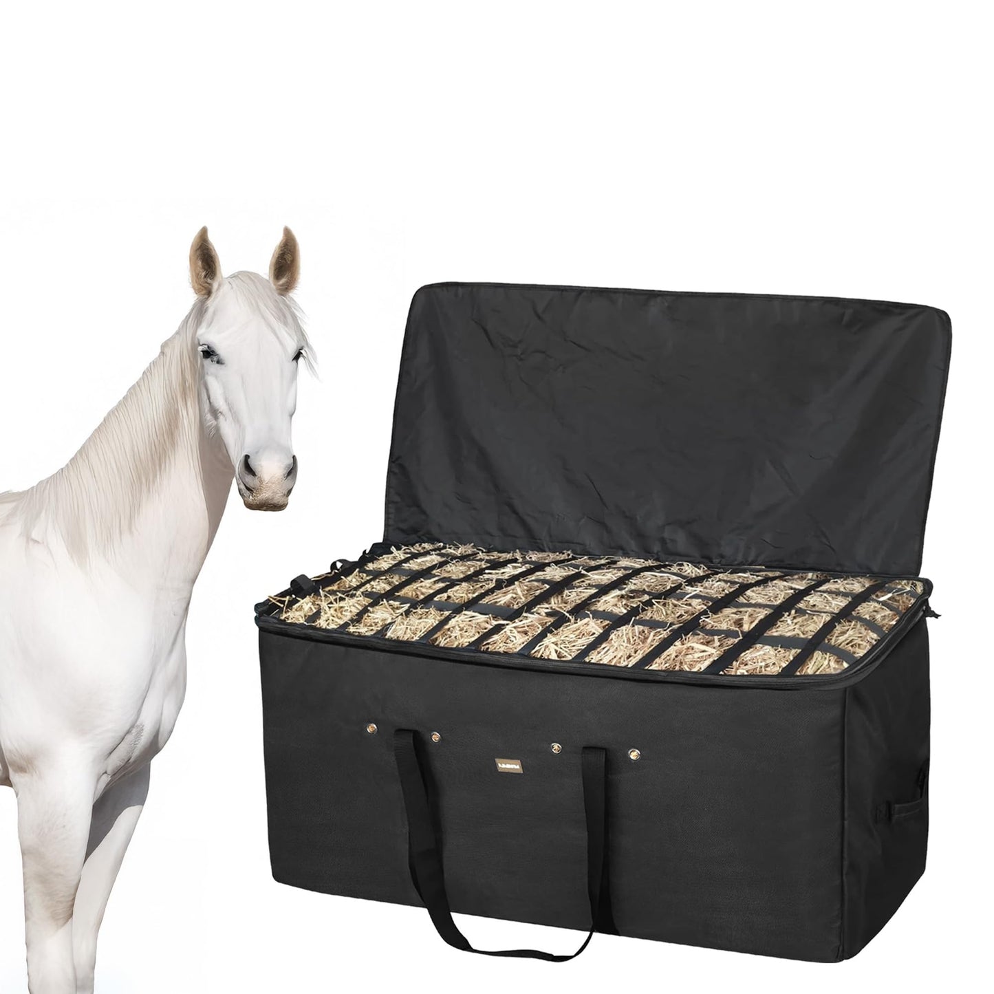 YUNPHDA Hay Bale Bag, 44x18x22inch Extra Large Hay Bag with Top Slow Feed Design for Horses Goats Sheep Donkey,Premium Oxford Heavy Duty Hay Bale Storage Bag for Barn Stable (Black)