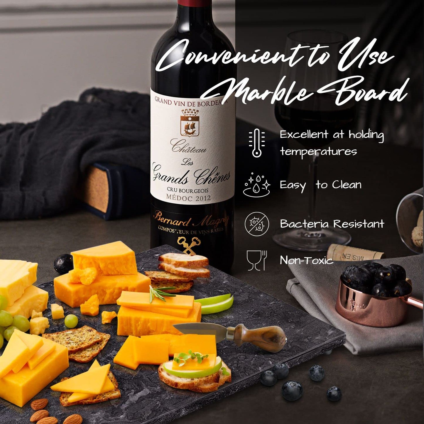 Flexzion Marble Cutting Board for Kitchen - 11.5 x 15 Inch Rectangular Marble Cheese Board Slab for Baking, Charcuterie, Pastry - Non-Stick Heat Resistant Stone Serving Board for Countertop, Black