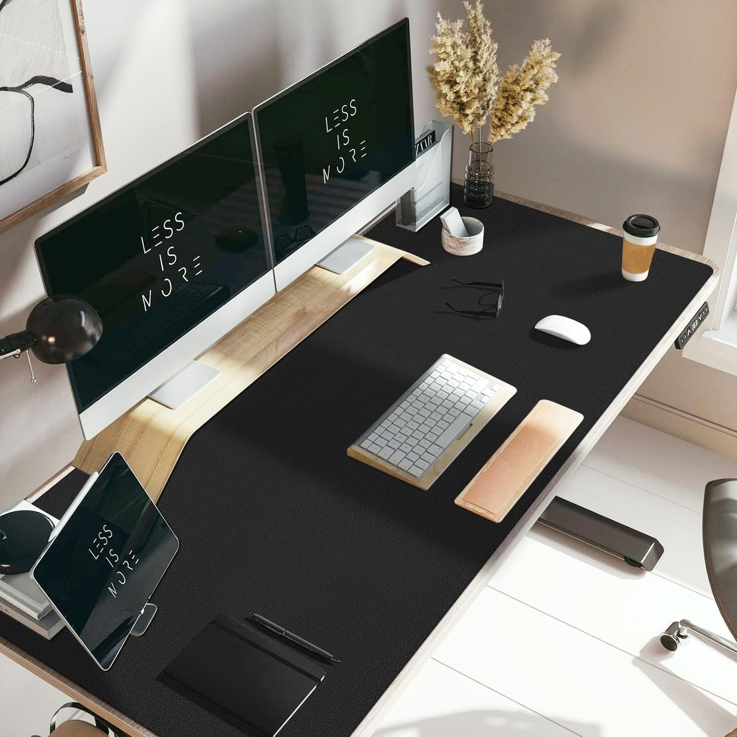 CHKDSK Double-Side Desk Mat,47.24''×23.62'',PU Leather Large Mouse Pad Protector for Table,Easy Clean Desk Mat Computer Keyboard Mat for Office (Black+Black)