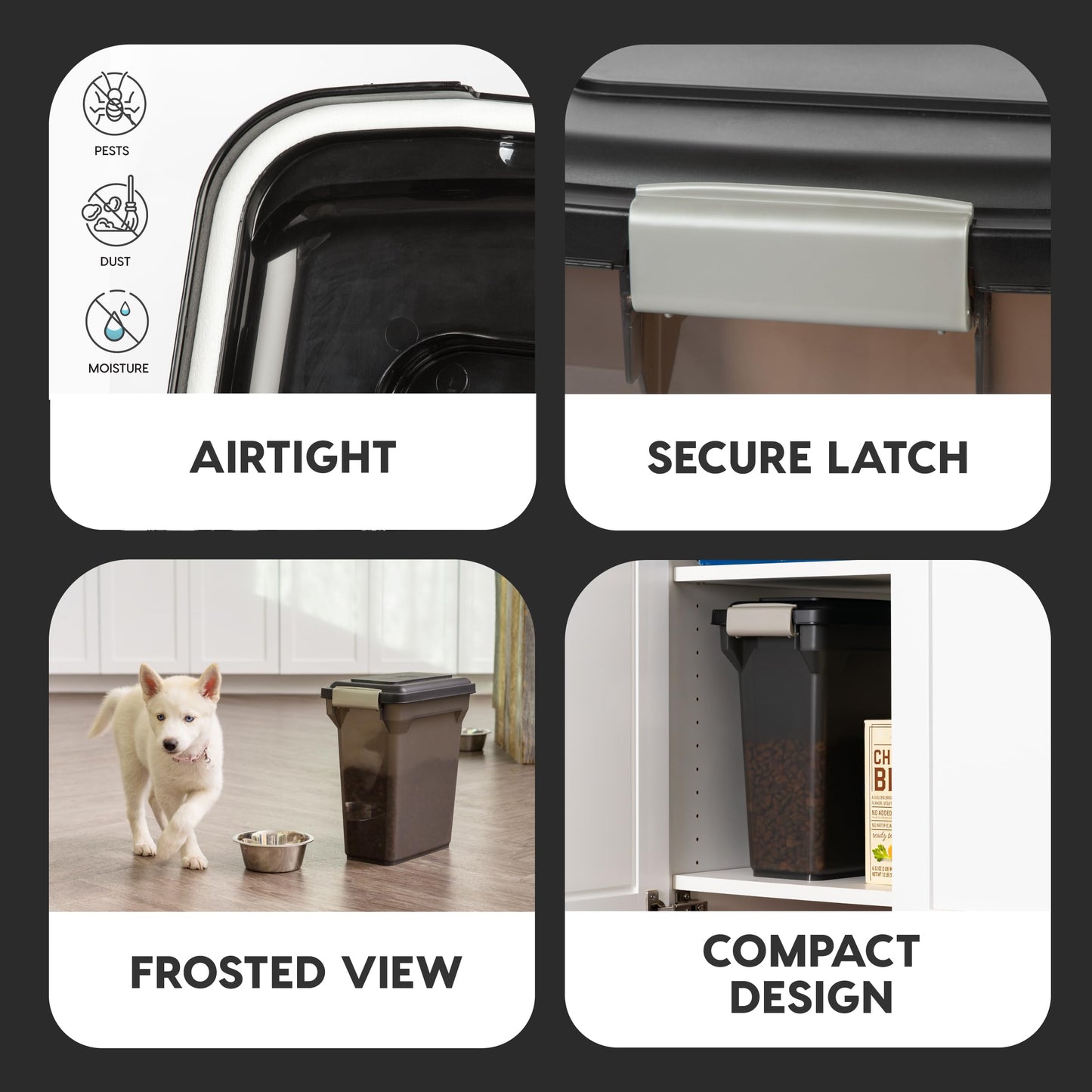 IRIS USA WeatherPro Airtight Dog Food Storage Container, Up to 13lbs, for Dog Cat Bird and Other Pet Food Treats Storage Bin, Pet Supplies, Keep Fresh, BPA Free, Smoke/Black