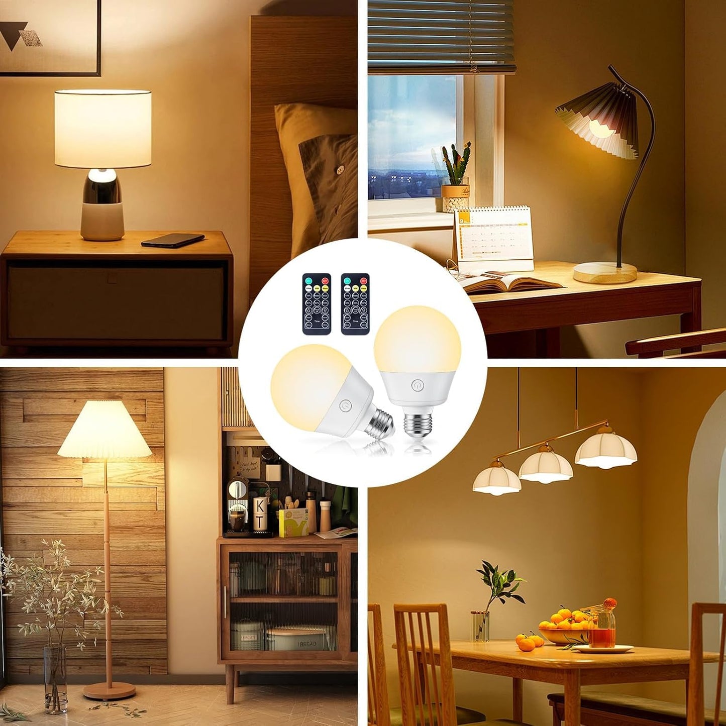 USB Rechargeable Light Bulb with Remote and Timer, Battery Backup Bulb for Sconces and Lamps, Portable Night Light, Emergency LED Light, E26 Detachable Charging, 3 Lighting Colors, Dimmer, 7W, 2 Pack