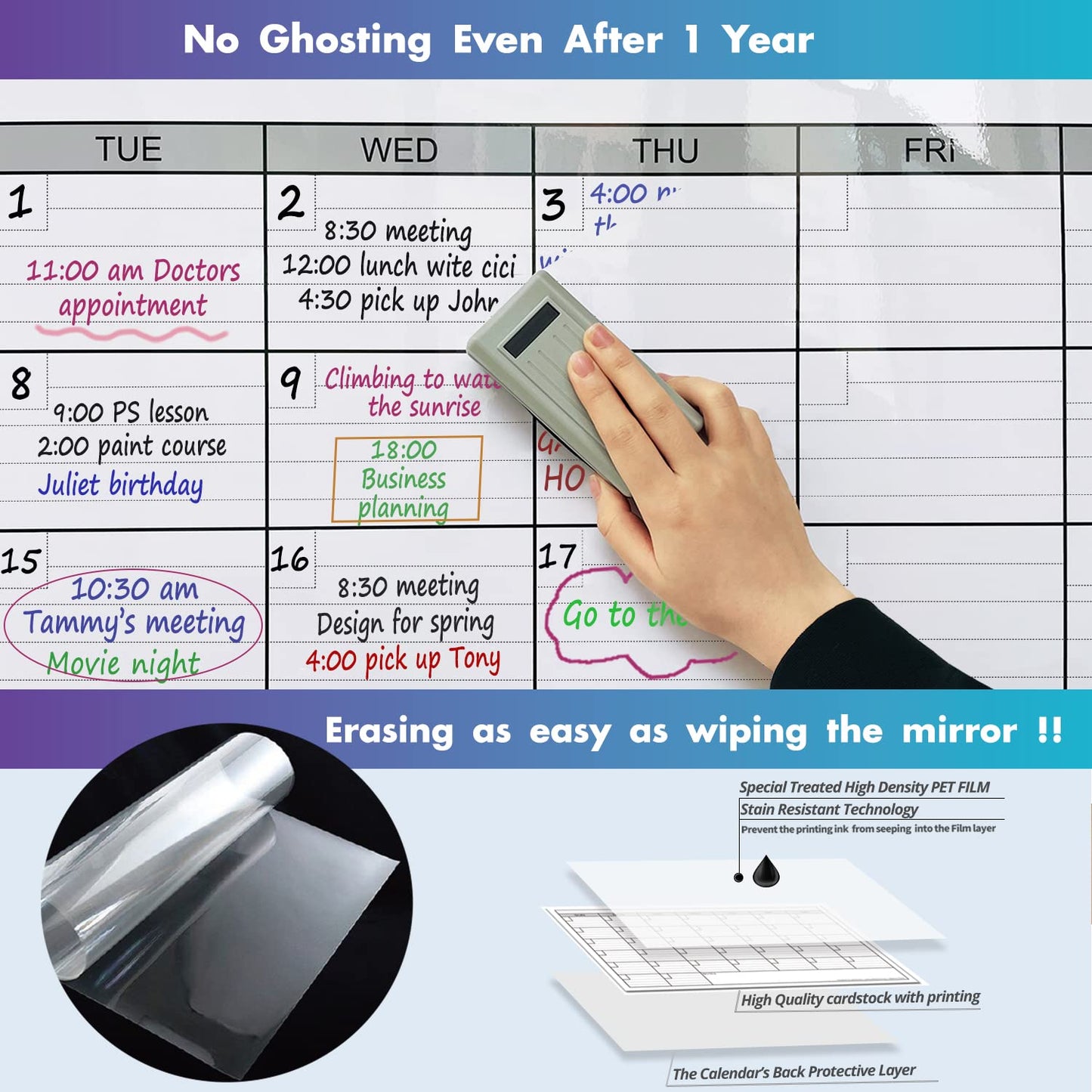 Dry Erase Vertical Three Month Laminated jumbo Wall Calendar, 46" x 63", Huge quarterly Laminated Erasable White Board, Giant 90 day Family Whiteboard Schedule Planner, Large Multi Month Reusable Poster…