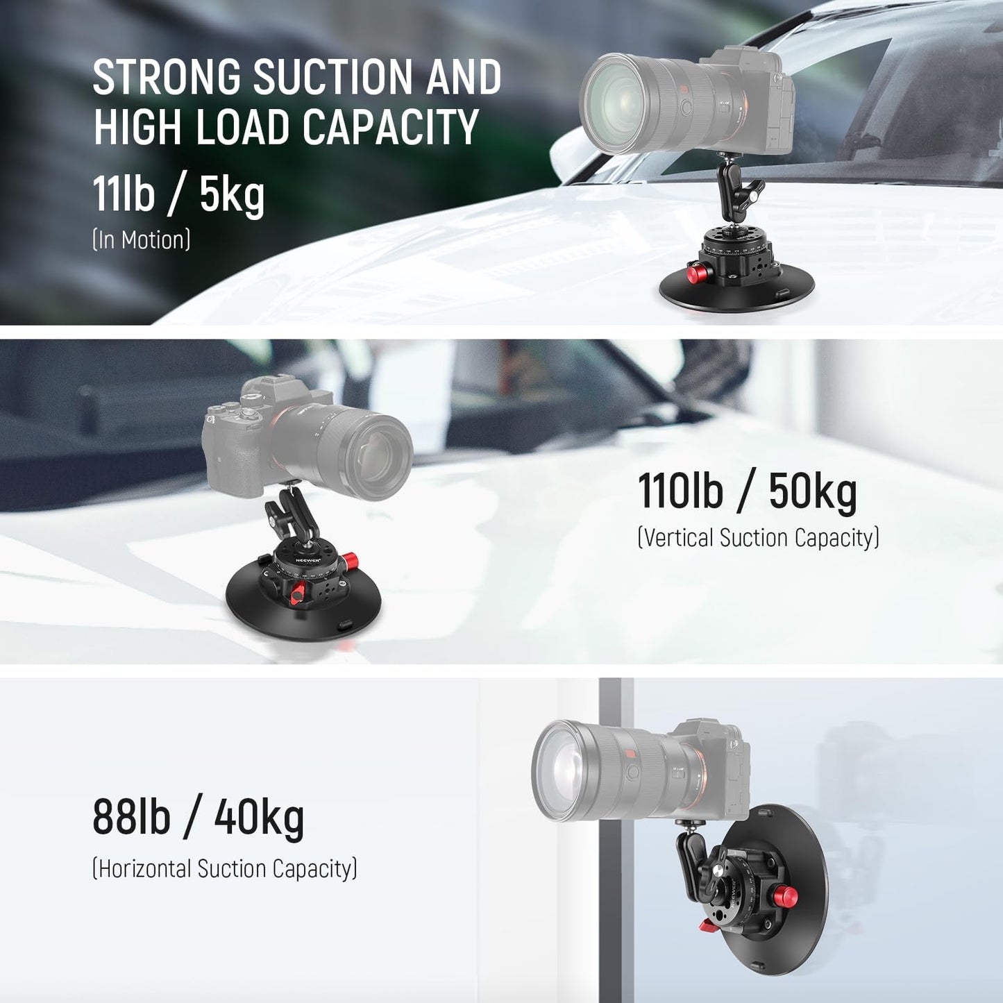 NEEWER 6"/15.2cm Suction Cup Mount with Ball Head Magic Arm, Metal Suction Cup Mount on Car Windshield Dash for Action Camera/Phone Holder, with 1/4" & 3/8" Mounting Holes for ARRI