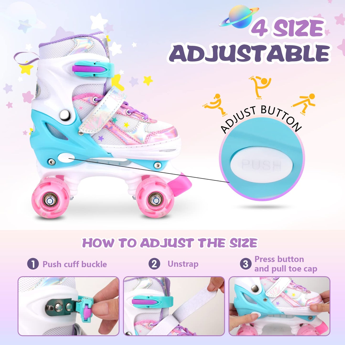 Runcinds Toddler Roller Skates for Girls Kids, 4 Size Adjustable Kids Roller Skates for Little Girls with Light Up Wheels