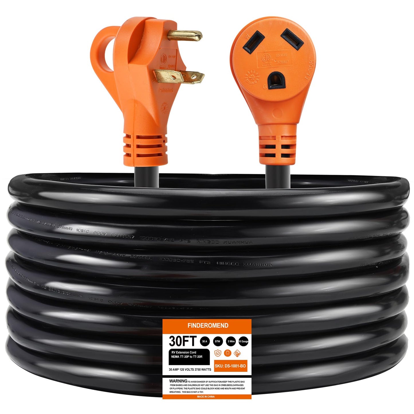 Finderomend 30 Amp RV Extension Cord 3 Wire,RV Power Cord NEMA TT-30P to TT-30R Heavy Duty 125V 3750W Extension Cord,10/3 STW 10AWG Gauge for RV Trailer Campers-with Cord Organizer(30ft)