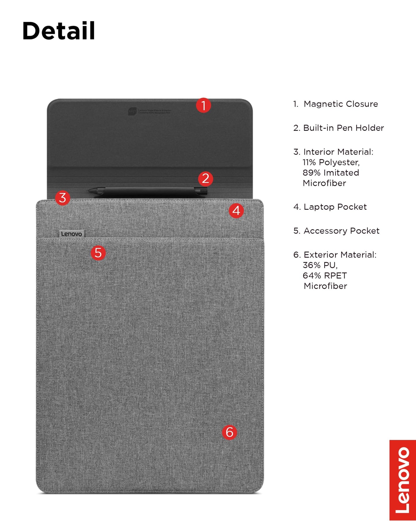 Lenovo Slim Laptop Sleeve 16 Inch Notebook/Tablet - Compatible with MacBook Air/Pro - Eco-Friendly Lightweight Case with Accessory Pocket & Magnetic Closure - Grey