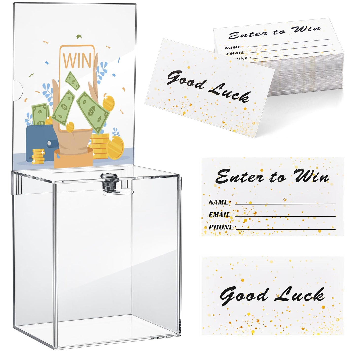 Teling Tall Acrylic Donation Box with Lock and Sign Plate Safe Suggestion Box with 100pcs Raffle Tickets Cards for Raffle, Money, Voting, Charity, Suggestion (Transparent,6.7 x 5 x 8 Inch)