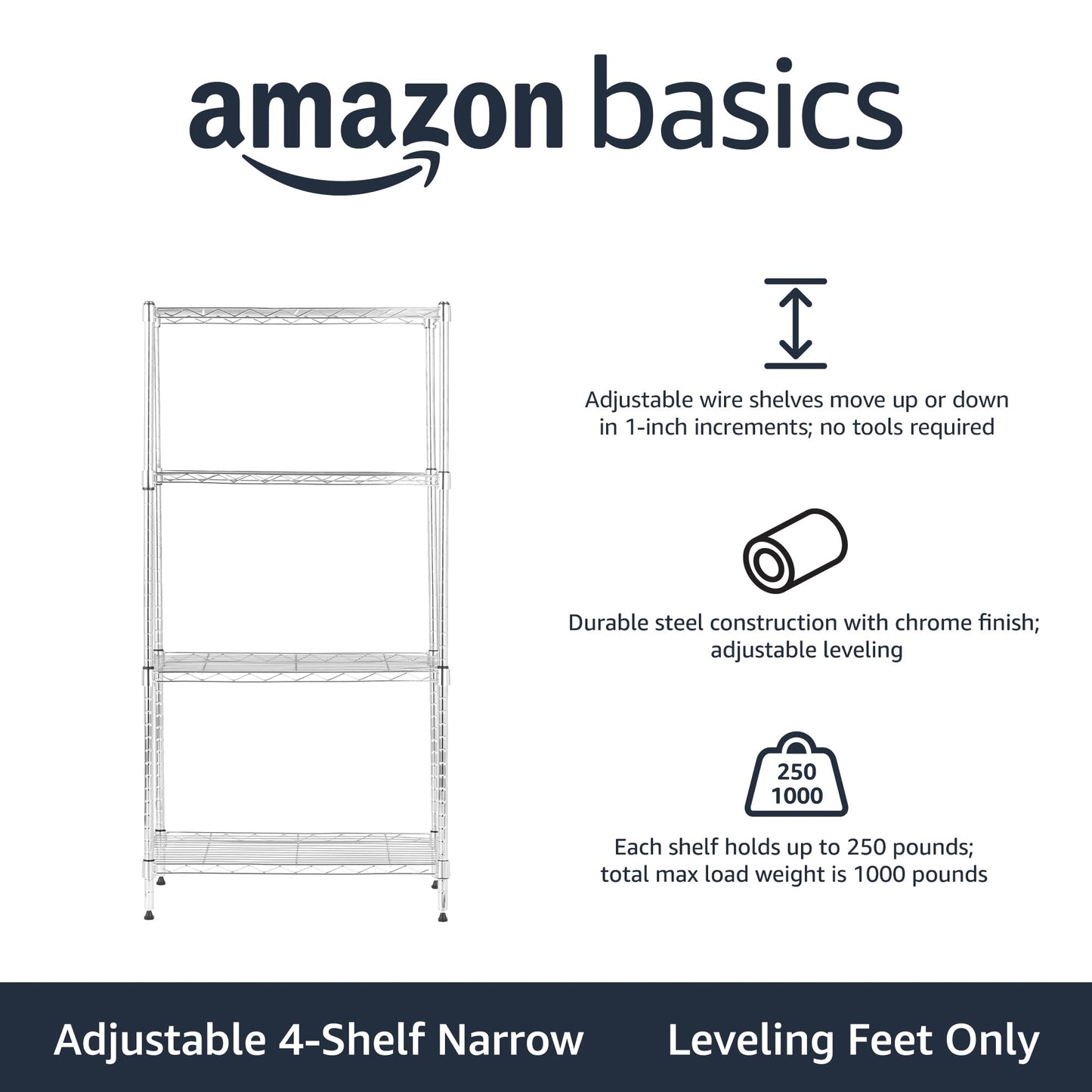 Amazon Basics 4-Shelf Adjustable Steel Storage Unit, 200 lb Capacity per Shelf, 34.04 cm D x 58.93 cm W x 121.92 cm H, Chrome